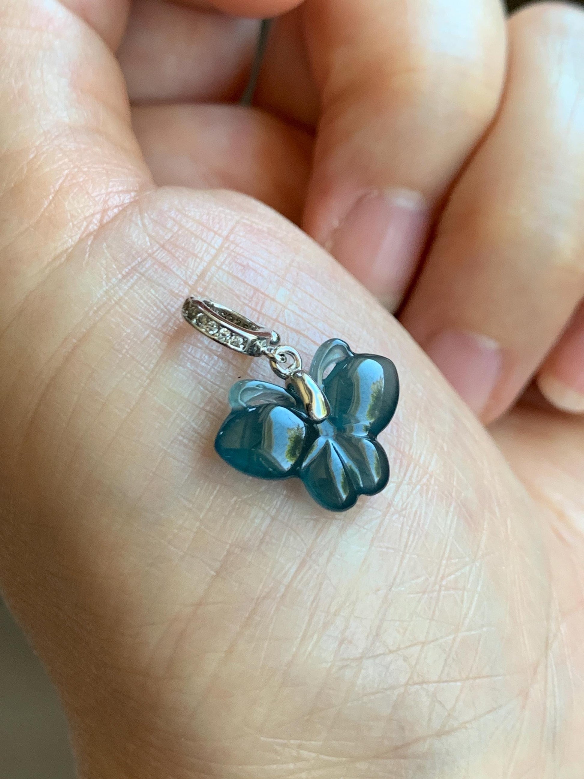 Natural Grade A Guatemalan Icy Highly Translucent Aegean Blue Jade Jadeite Butterfly Charm Pendant Sterling Silver 天然冰危牛仔蓝翡翠蝴蝶吊坠 HDS120