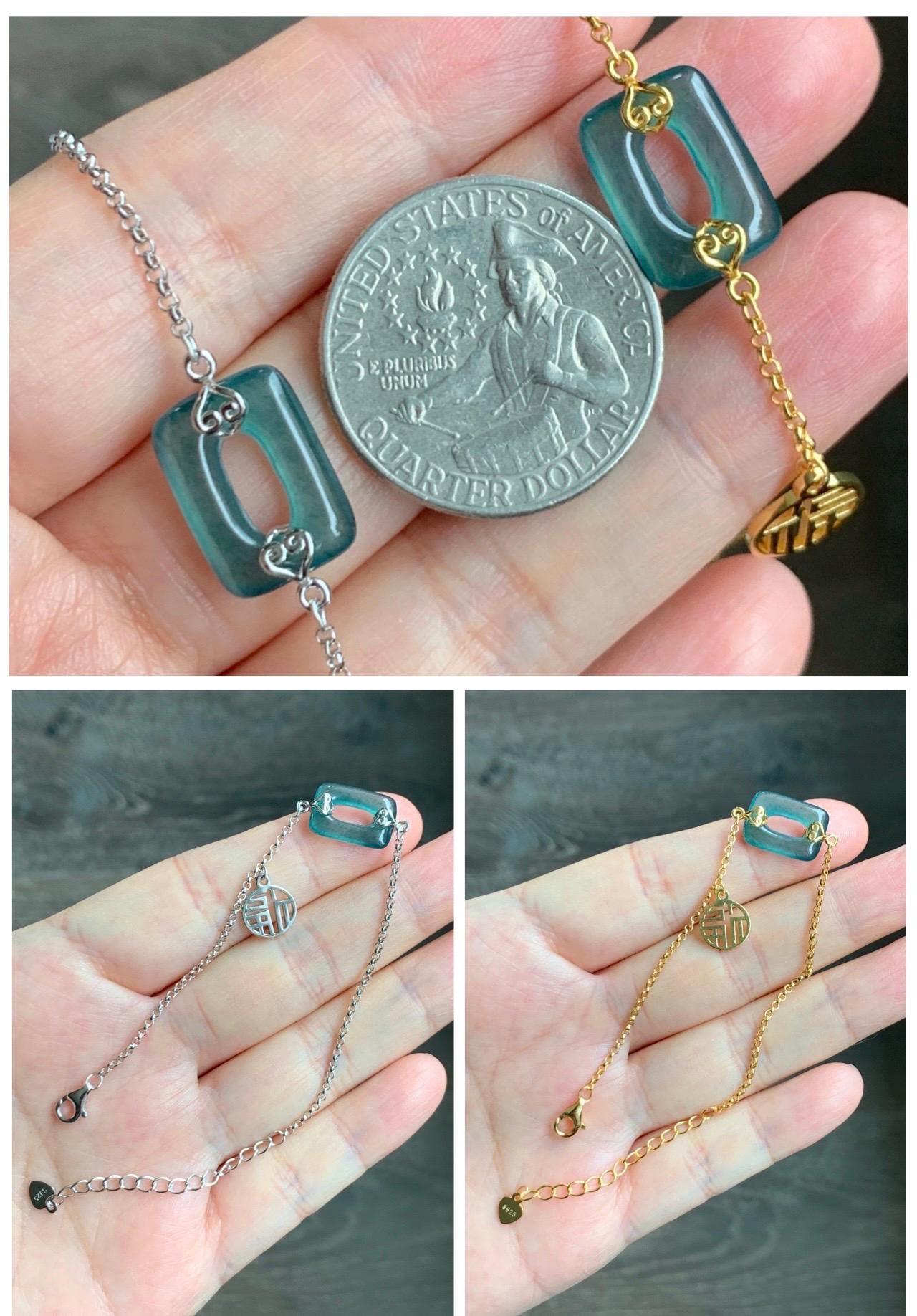 Natural Grade A Guatemalan Icy Translucent Vibrant Teal Blue Jadeite Ping An Kou Donut Chain Bracelet Sterling Silver 天然冰危蓝绿翡翠方扣银手链 FKL140