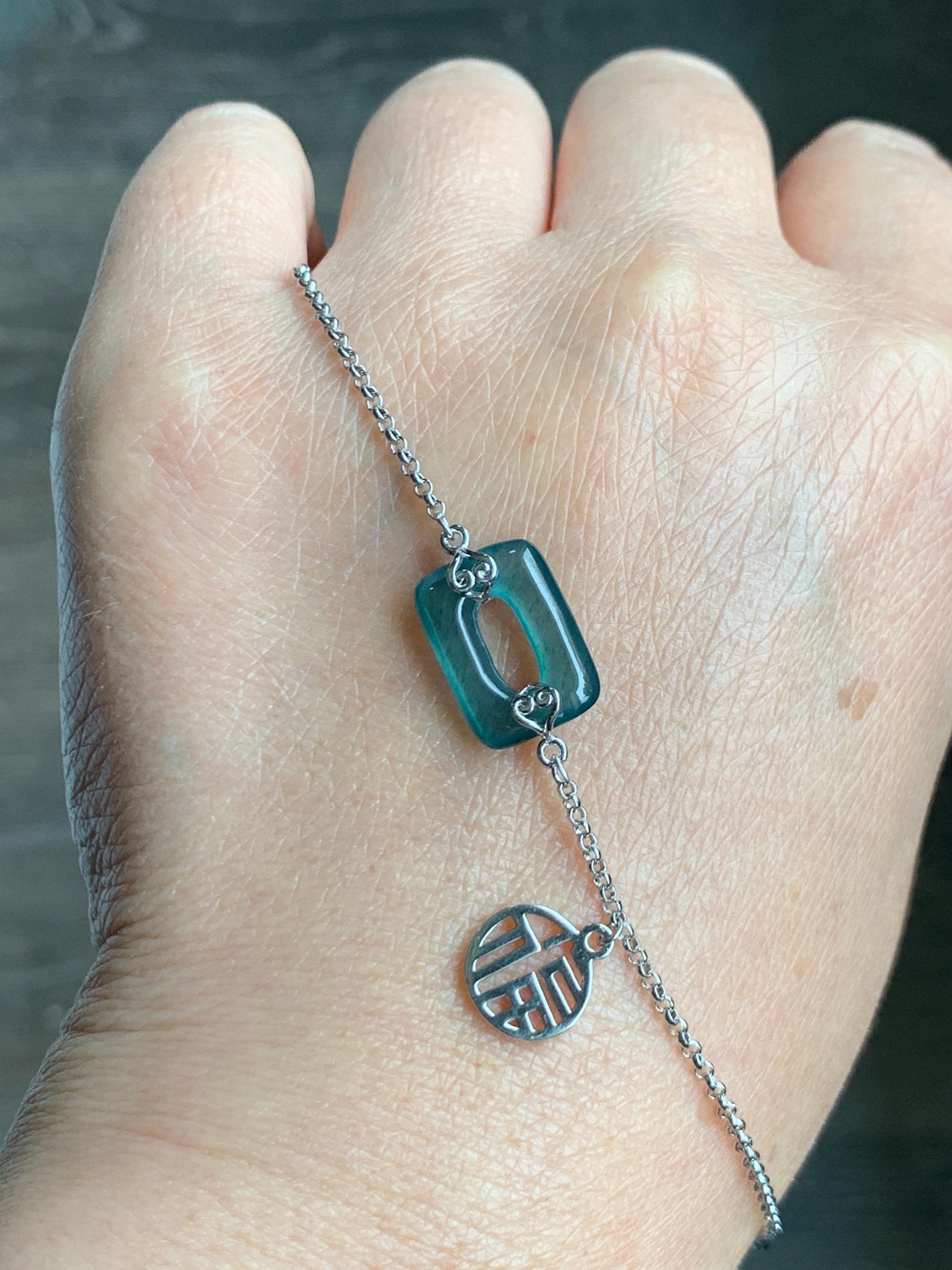 Natural Grade A Guatemalan Icy Translucent Vibrant Teal Blue Jadeite Ping An Kou Donut Chain Bracelet Sterling Silver 天然冰危蓝绿翡翠方扣银手链 FKL140