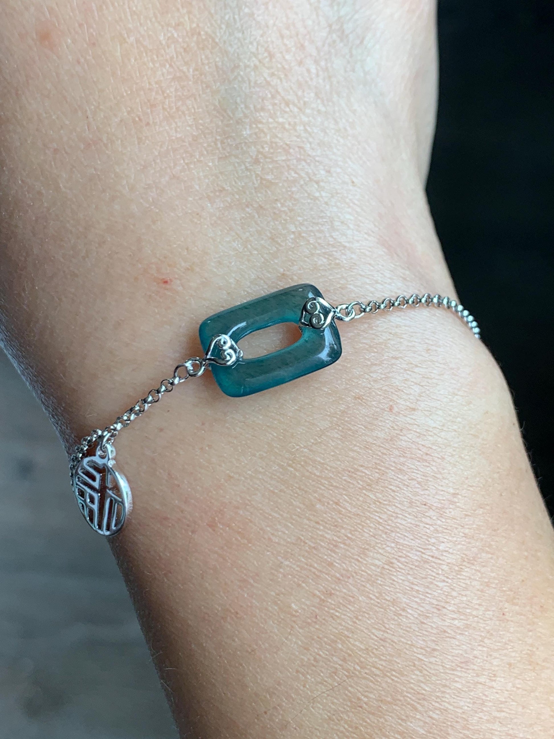 Natural Grade A Guatemalan Icy Translucent Vibrant Teal Blue Jadeite Ping An Kou Donut Chain Bracelet Sterling Silver 天然冰危蓝绿翡翠方扣银手链 FKL140