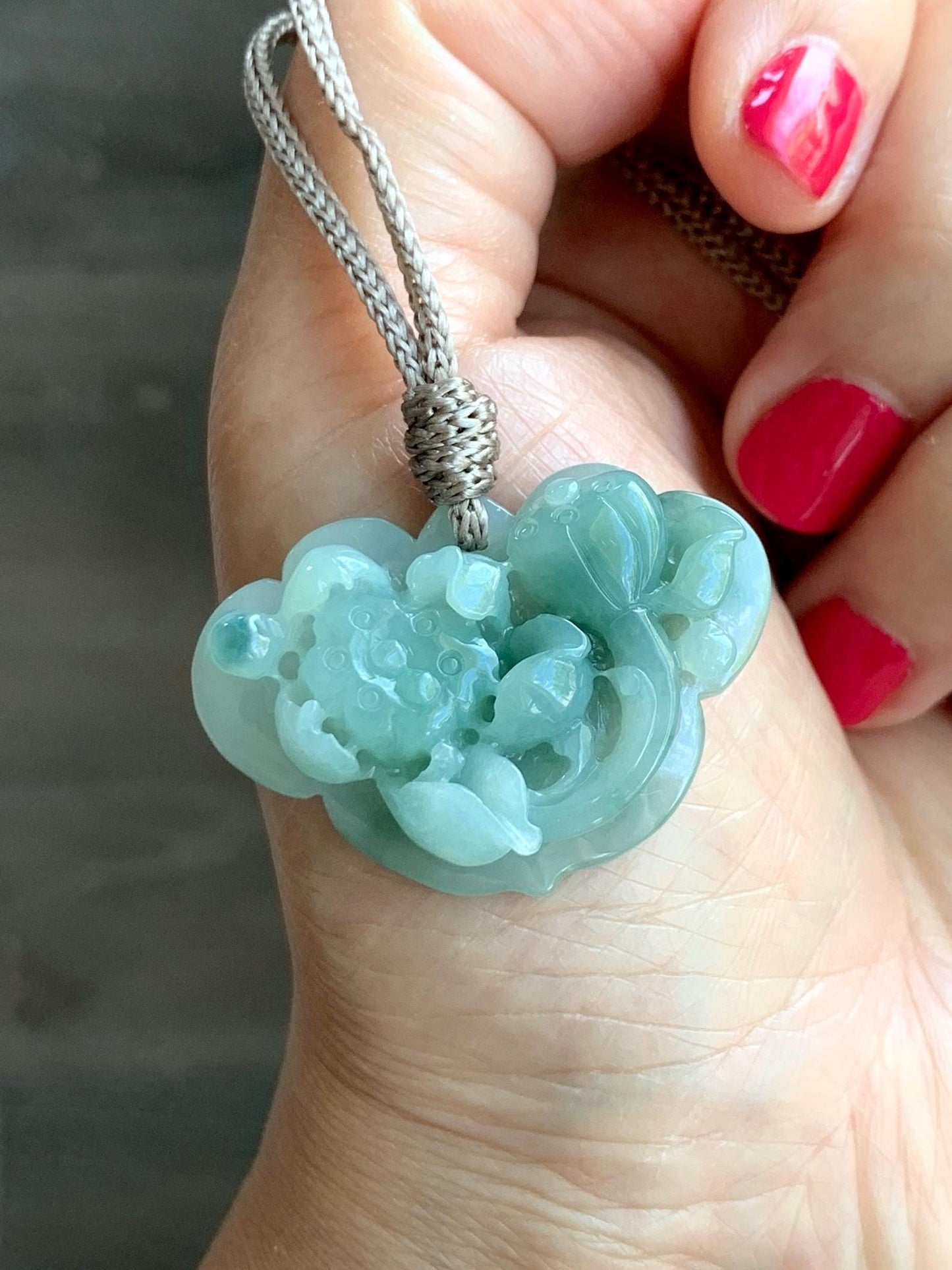 Natural Grade A Icy Translucent Light & Dark Green Marbled Jade Jadeite Lotus Flower Lock Pendant Rope Necklace 26" 13g 天然冰飘花翡翠莲花锁吊坠 LHS161