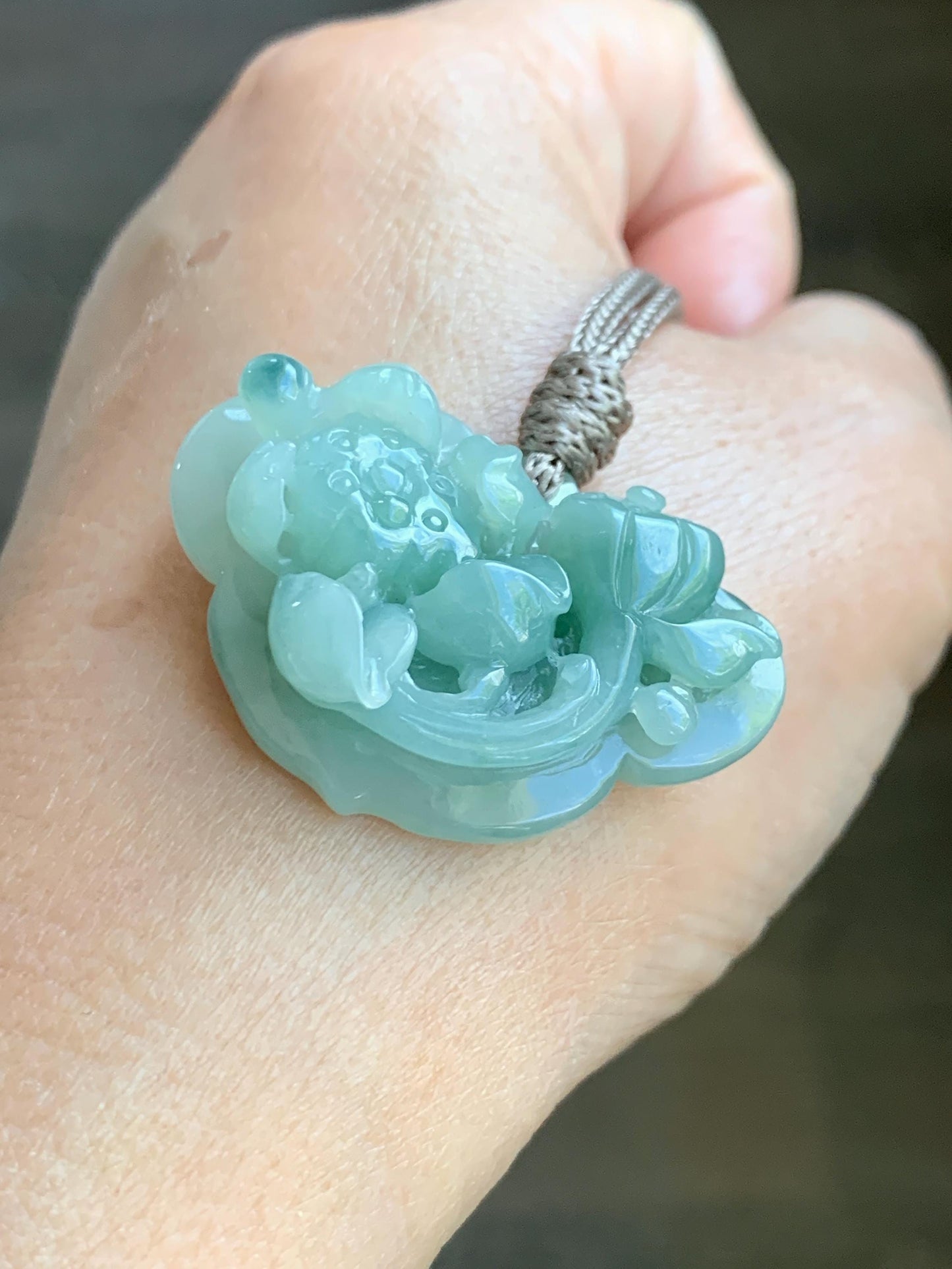 Natural Grade A Icy Translucent Light & Dark Green Marbled Jade Jadeite Lotus Flower Lock Pendant Rope Necklace 26" 13g 天然冰飘花翡翠莲花锁吊坠 LHS161