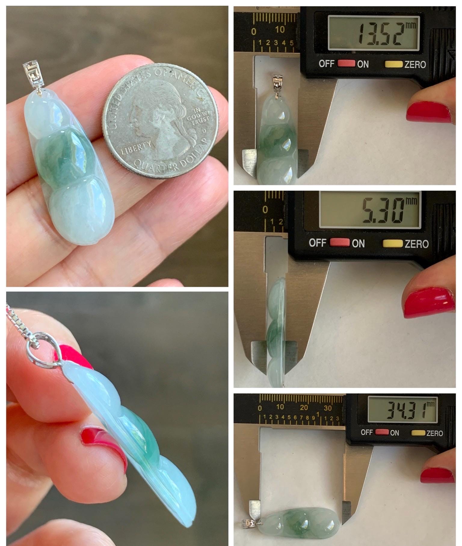 Natural Grade A Icy Translucent Light Green Marbled Jade Jadeite Carved Lucky Peapod Pendant 18K White Gold 4g 天然冰飘花翡翠福豆镶嵌吊坠 MDD230D