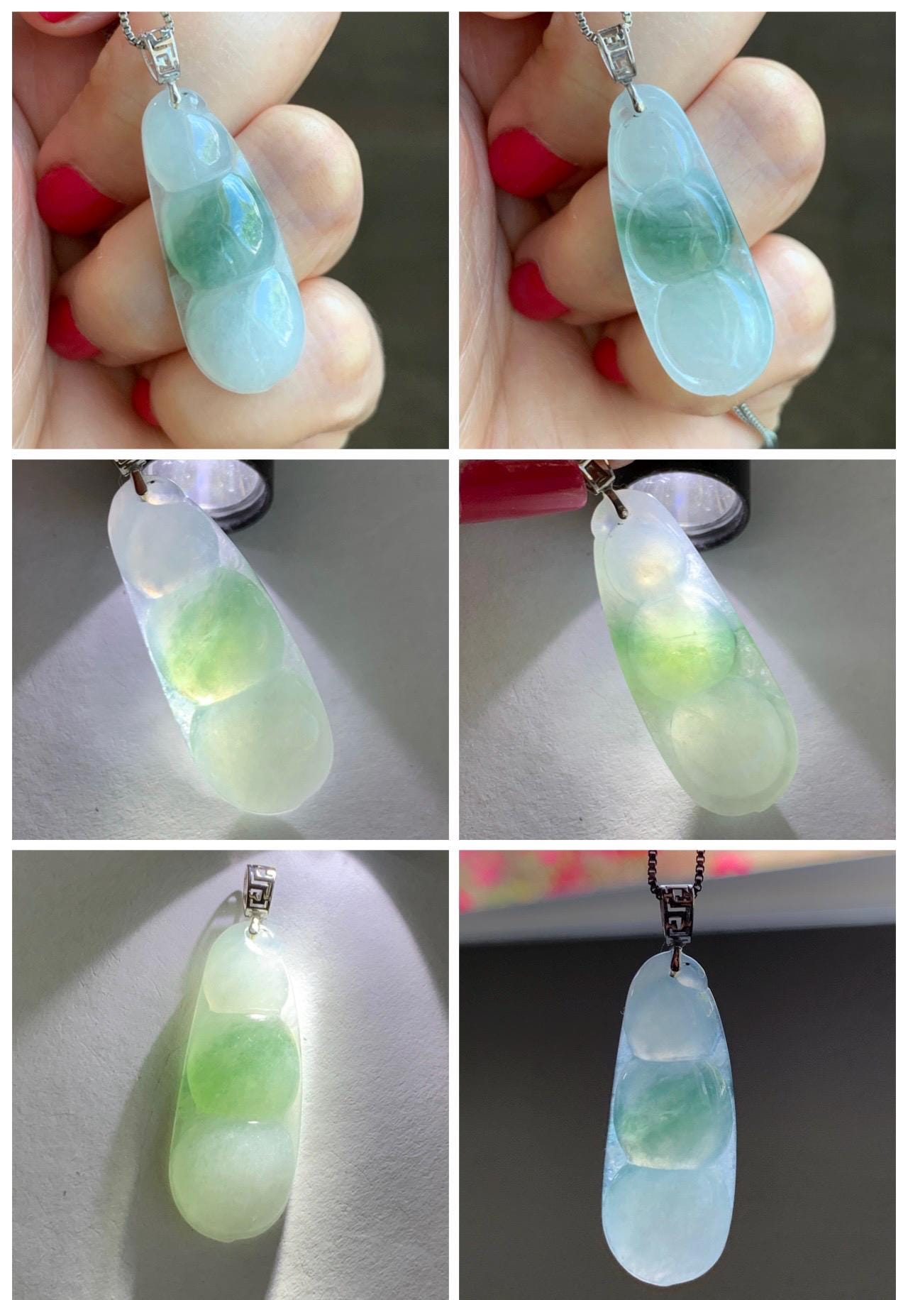 Natural Grade A Icy Translucent Light Green Marbled Jade Jadeite Carved Lucky Peapod Pendant 18K White Gold 4g 天然冰飘花翡翠福豆镶嵌吊坠 MDD230D