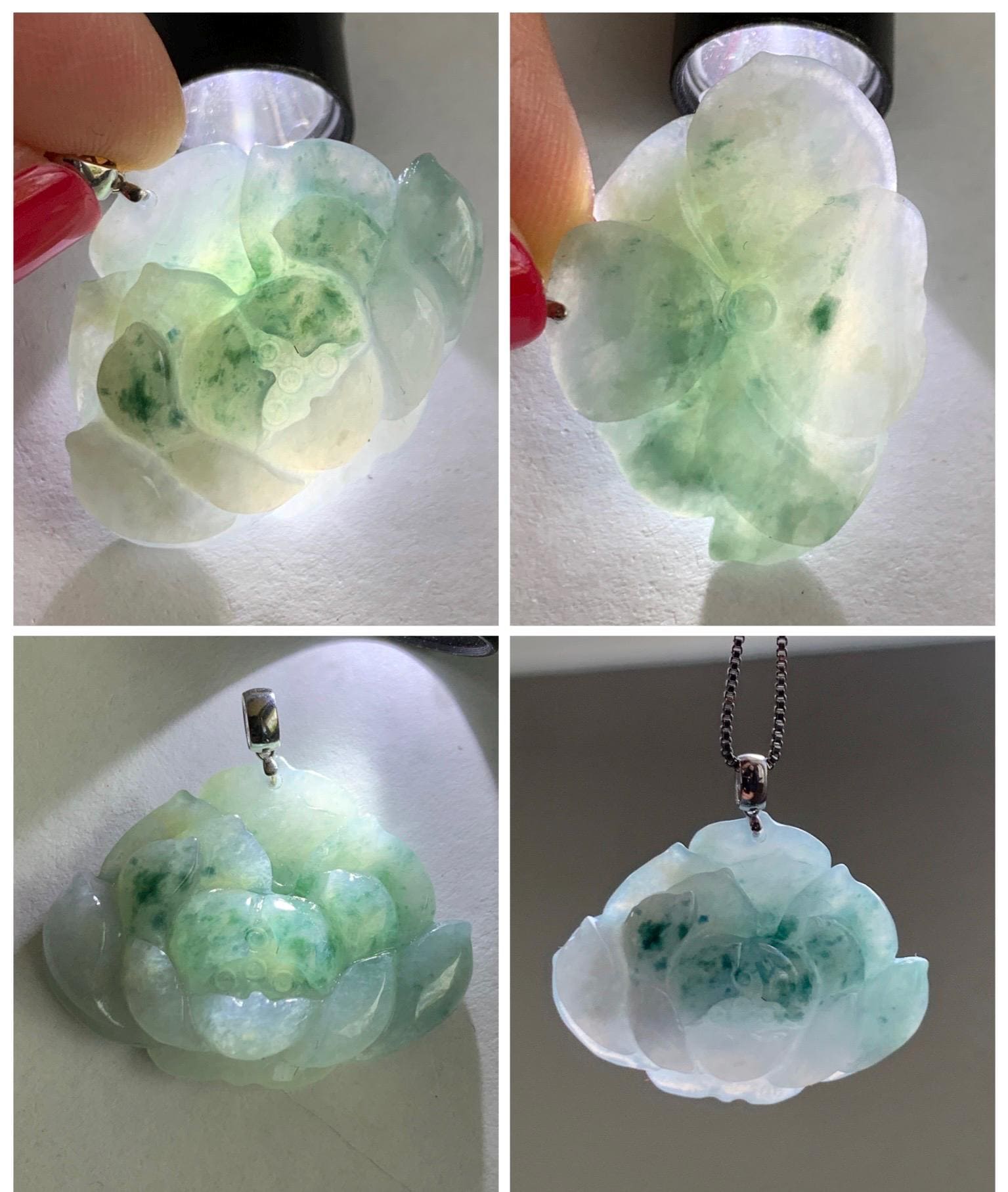 Natural Grade A Icy Translucent Green Marbled Jade Jadeite Carved Lotus Flower Pendant 18K White Gold 7g 天然冰飘花翡翠莲花镶嵌吊坠 MPLH176A