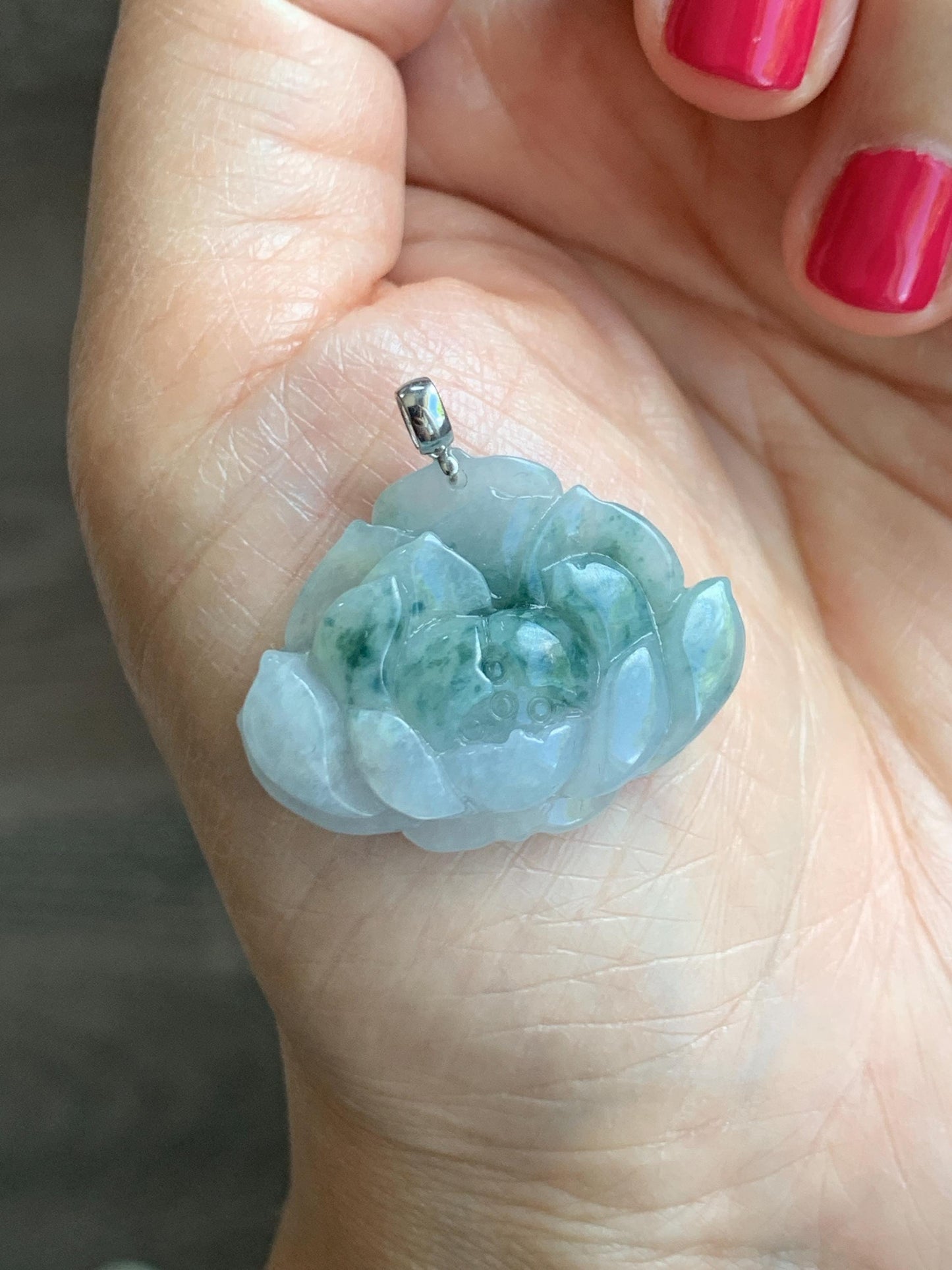 Natural Grade A Icy Translucent Green Marbled Jade Jadeite Carved Lotus Flower Pendant 18K White Gold 7g 天然冰飘花翡翠莲花镶嵌吊坠 MPLH176A