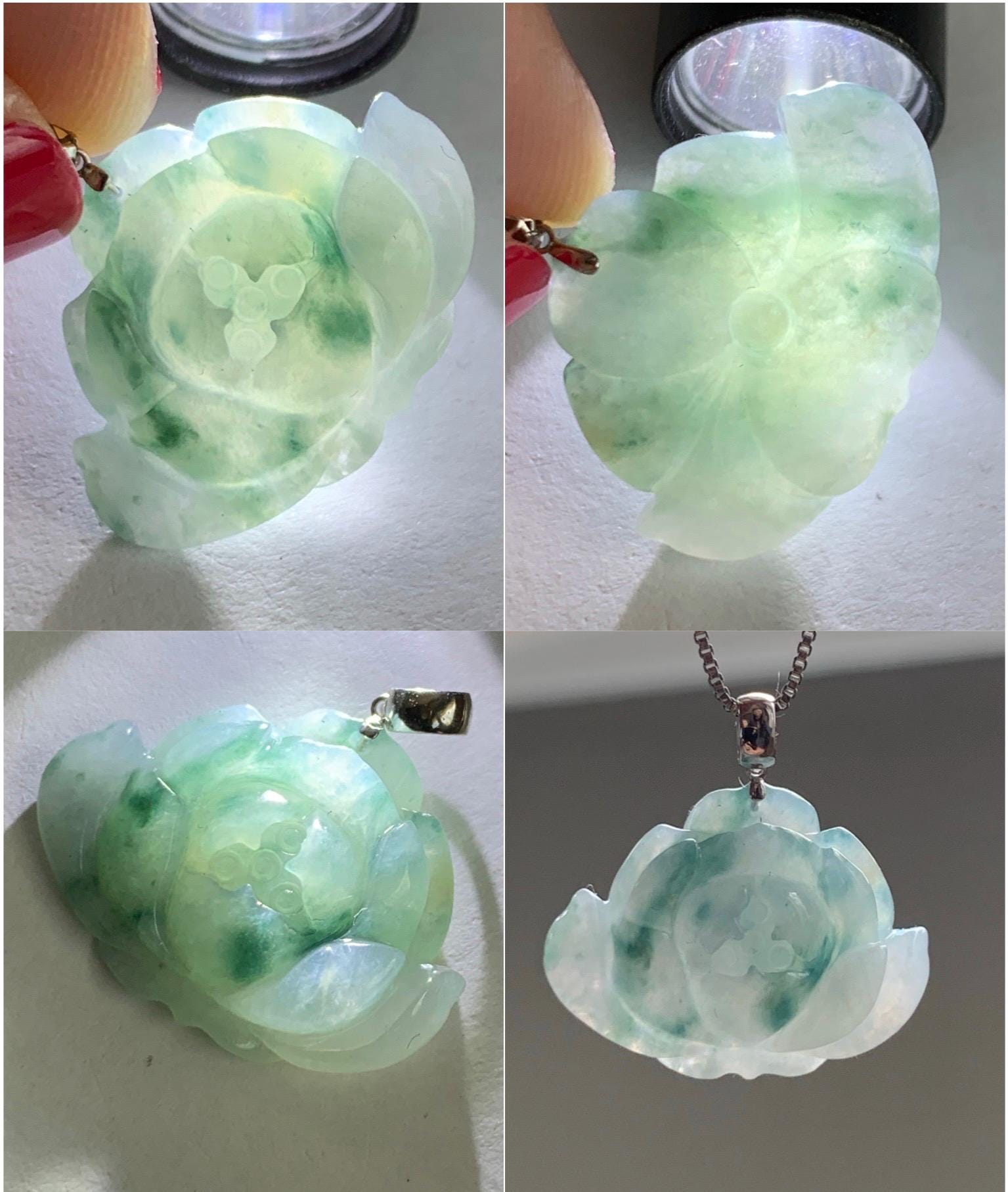 Natural Grade A Icy Translucent Green Marbled Jade Jadeite Carved Lotus Flower Pendant 18K White Gold 4g 天然冰飘花翡翠莲花镶嵌吊坠 MPLH176B