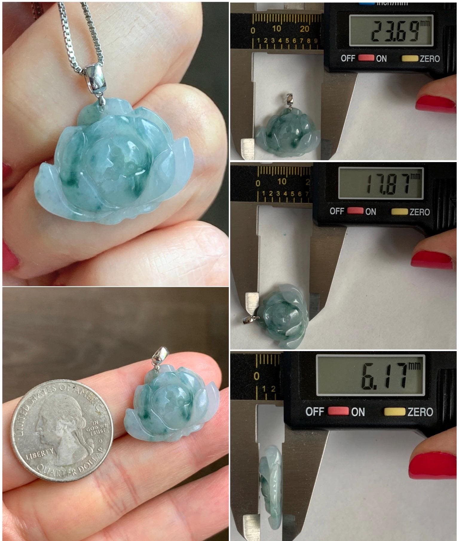 Natural Grade A Icy Translucent Green Marbled Jade Jadeite Carved Lotus Flower Pendant 18K White Gold 4g 天然冰飘花翡翠莲花镶嵌吊坠 MPLH176B