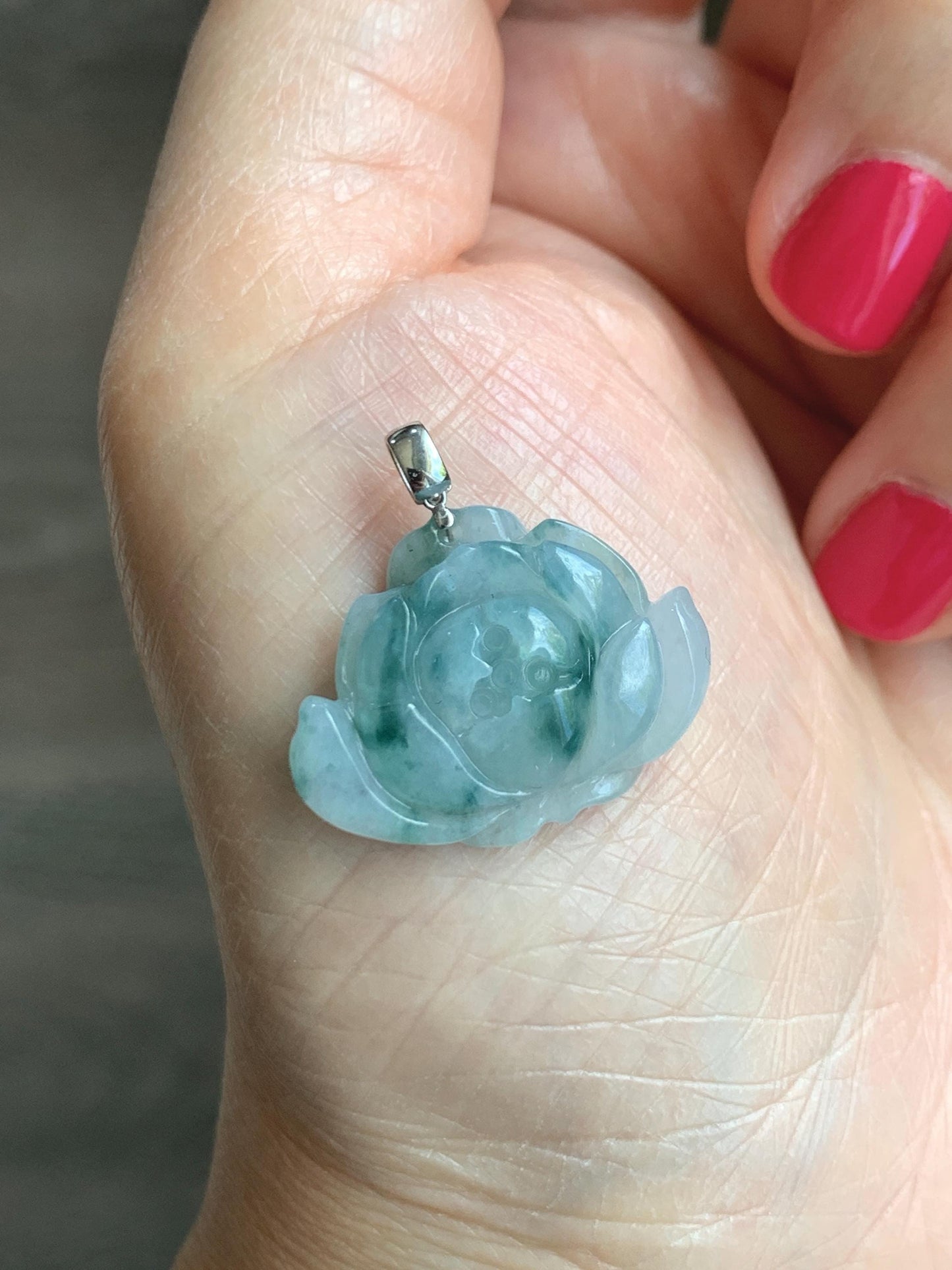 Natural Grade A Icy Translucent Green Marbled Jade Jadeite Carved Lotus Flower Pendant 18K White Gold 4g 天然冰飘花翡翠莲花镶嵌吊坠 MPLH176B