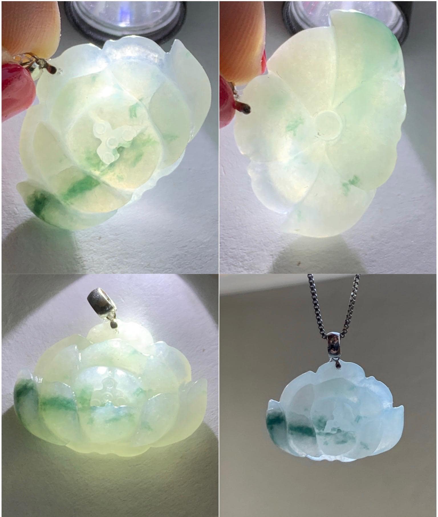 Natural Grade A Icy Translucent Green Marbled Jade Jadeite Carved Lotus Flower Pendant 18K White Gold 4g 天然冰飘花翡翠莲花镶嵌吊坠 MPLH176C