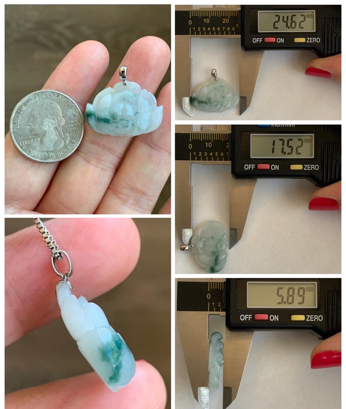 Natural Grade A Icy Translucent Green Marbled Jade Jadeite Carved Lotus Flower Pendant 18K White Gold 4g 天然冰飘花翡翠莲花镶嵌吊坠 MPLH176C