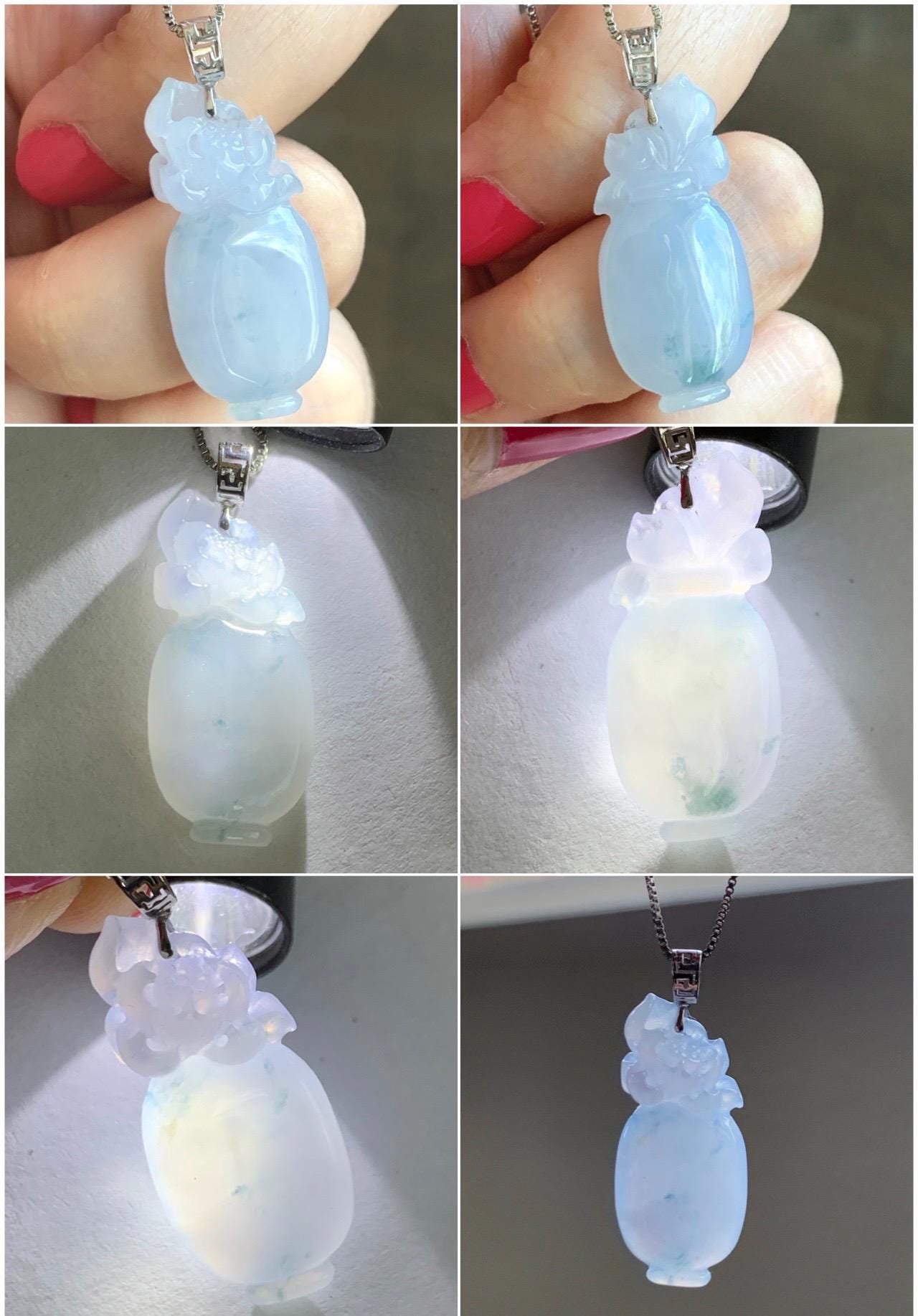 Natural Grade A Icy Translucent Gelatinous Pastel Purple Jade Jadeite Lotus Flower Vase Pendant 18K White Gold 5g 天然冰胶淡蓝紫飘花翡翠莲花宝瓶吊坠 MHP376A