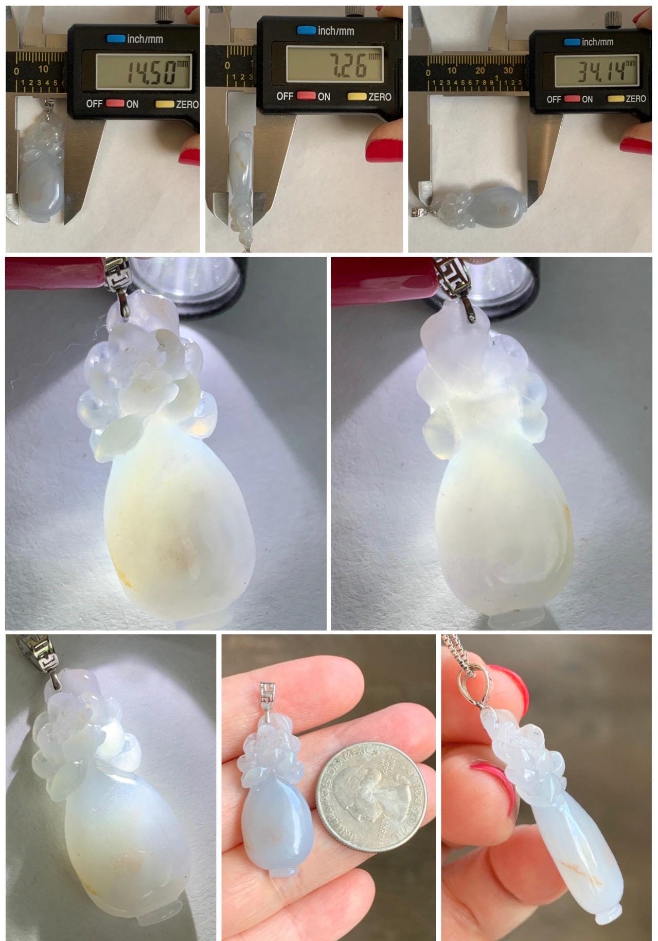 Natural Grade A Icy Translucent Pastel Golden Brown Marbled Jade Jadeite Lotus Flower Vase Pendant 18K White Gold 天然冰胶淡藕粉撒金翡翠莲花宝瓶吊坠 MHP376B