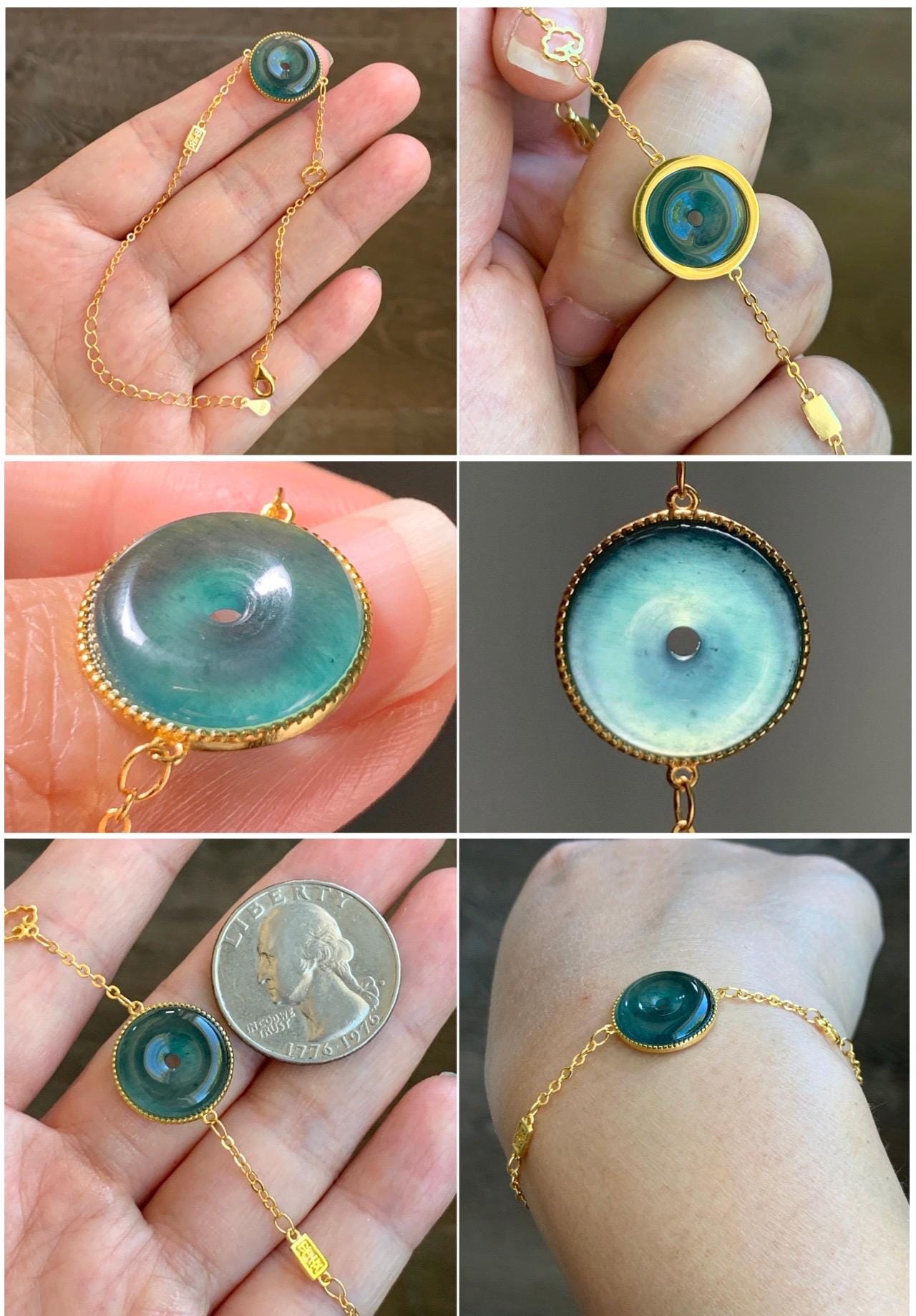 Natural Grade A Guatemalan Icy Translucent Dark Teal Blue Jade Jadeite Ping An Kou Donut Chain Bracelet Sterling Silver 天然冰危蓝绿翡翠平安扣银手链 PAK96
