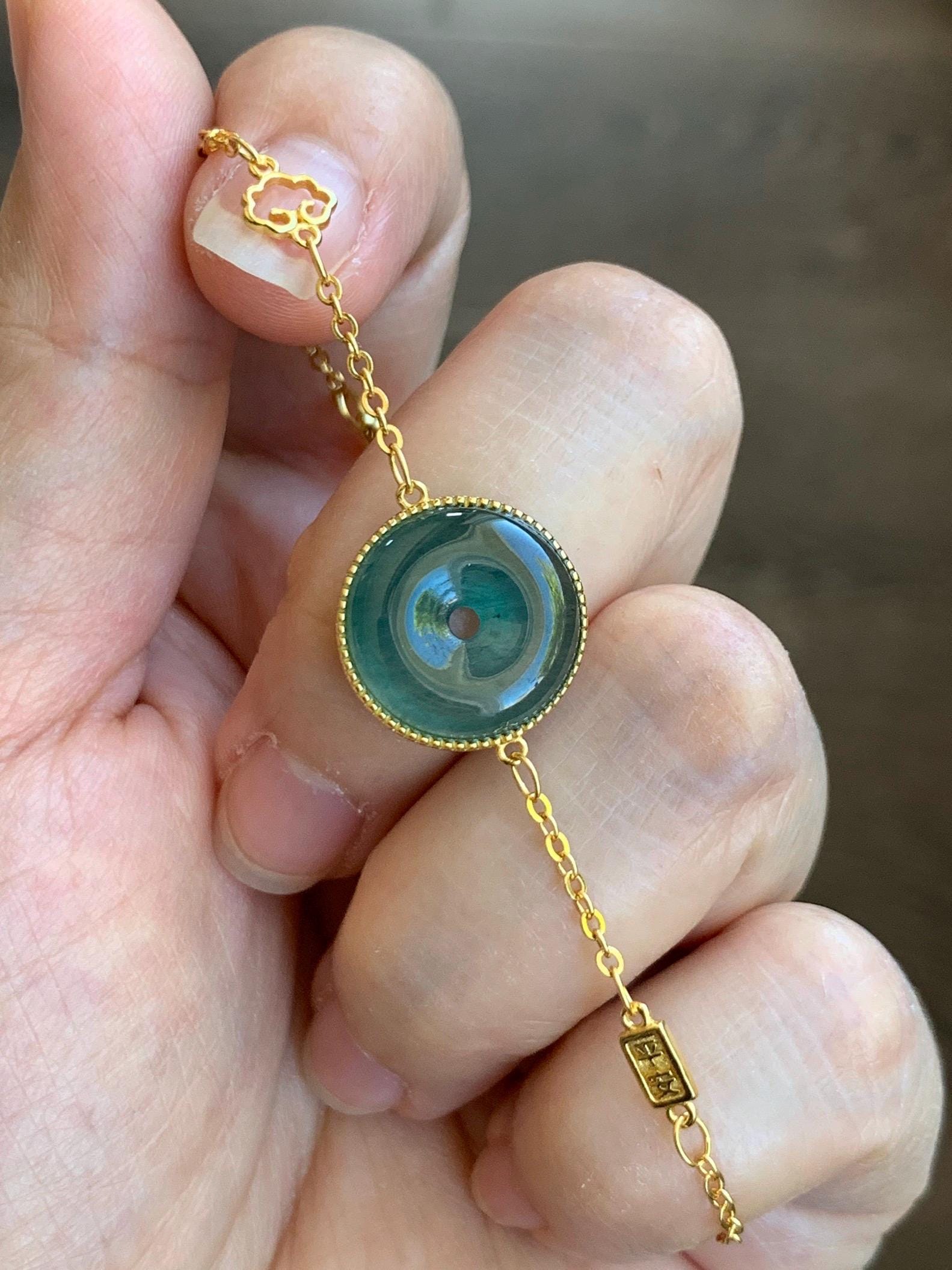 Natural Grade A Guatemalan Icy Translucent Dark Teal Blue Jade Jadeite Ping An Kou Donut Chain Bracelet Sterling Silver 天然冰危蓝绿翡翠平安扣银手链 PAK96