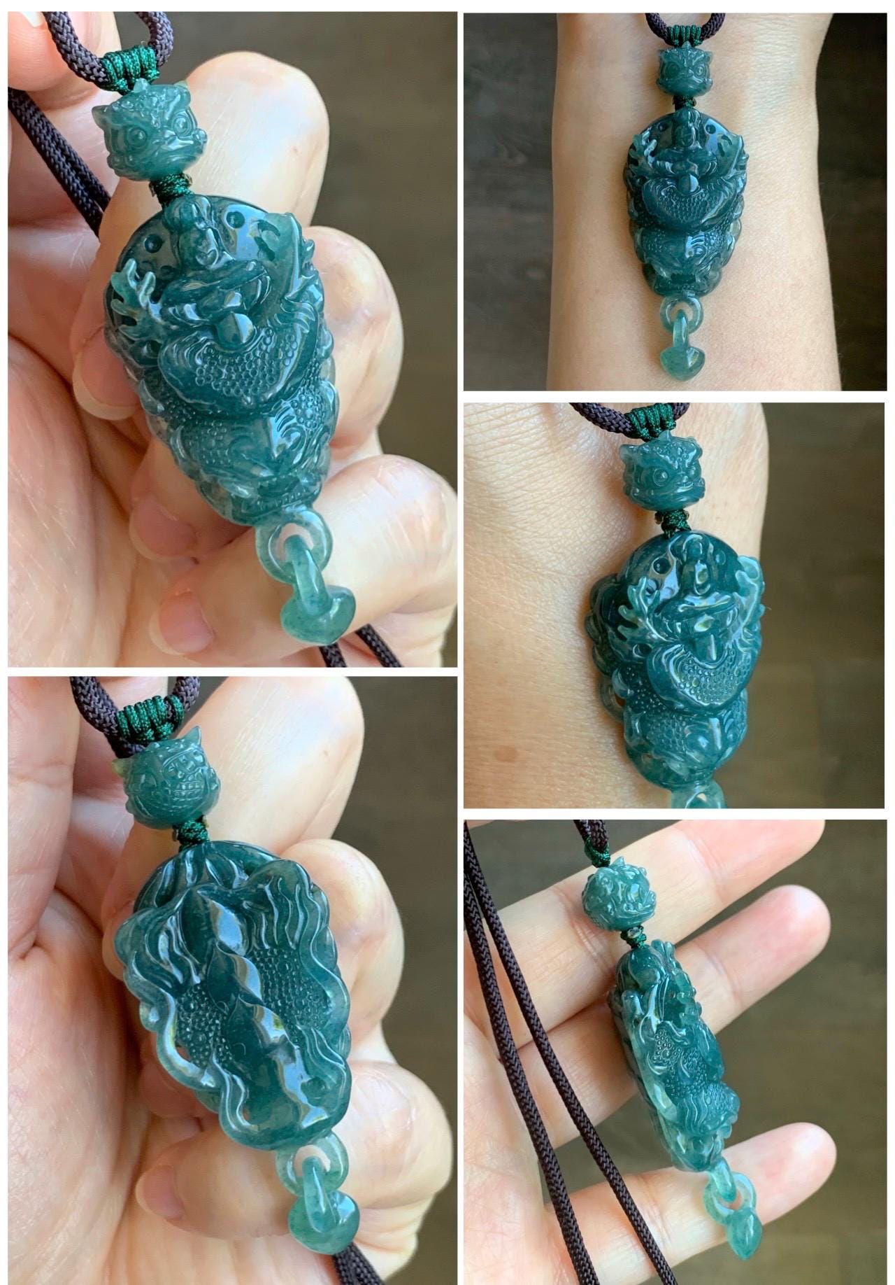 Certified Natural Guatemalan Icy Translucent Dark Teal Blue Jade Jadeite Dragon Wu Dao Pendant Rope Necklace 27" 22g 天然冰危深蓝翡翠精工龙头吾道吊坠 9467