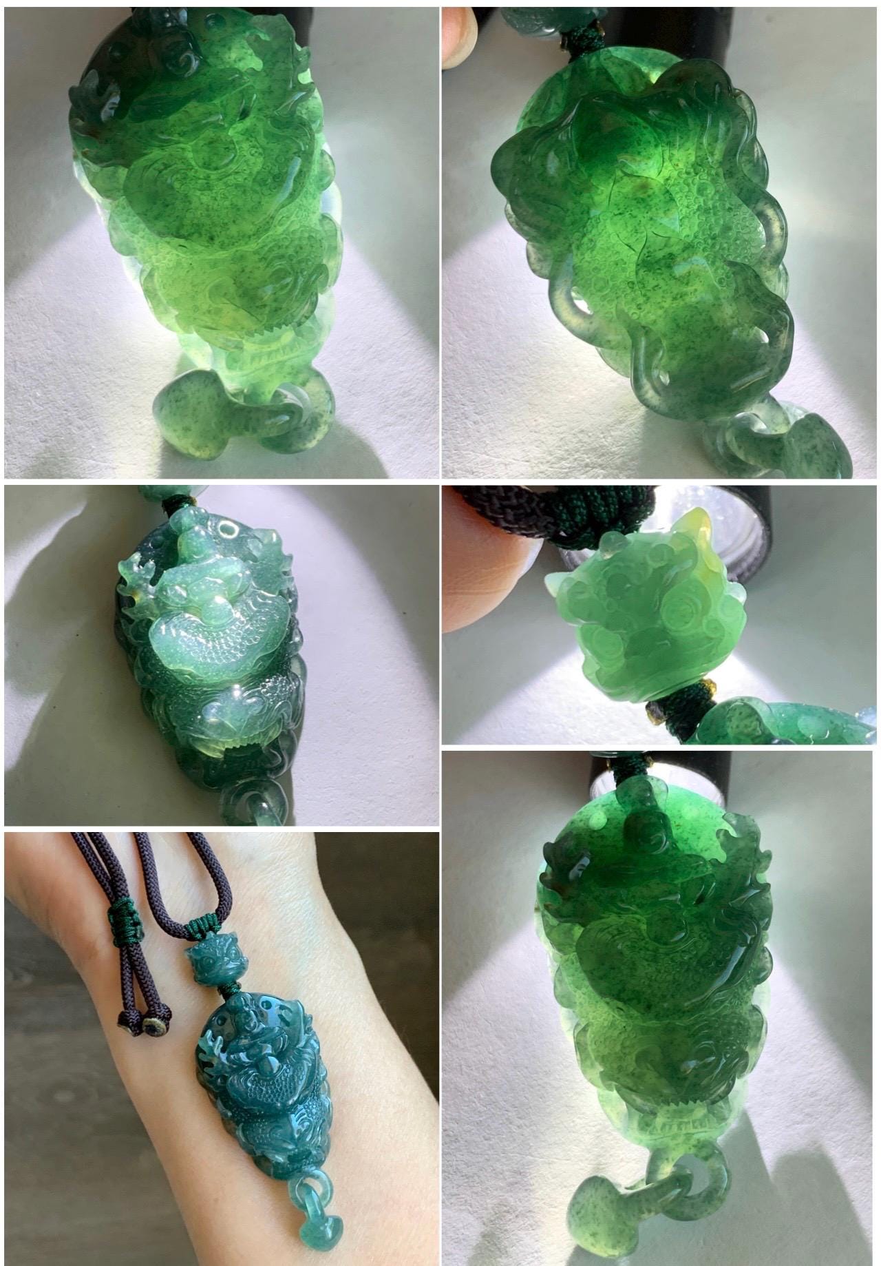Certified Natural Guatemalan Icy Translucent Dark Teal Blue Jade Jadeite Dragon Wu Dao Pendant Rope Necklace 27" 22g 天然冰危深蓝翡翠精工龙头吾道吊坠 9467