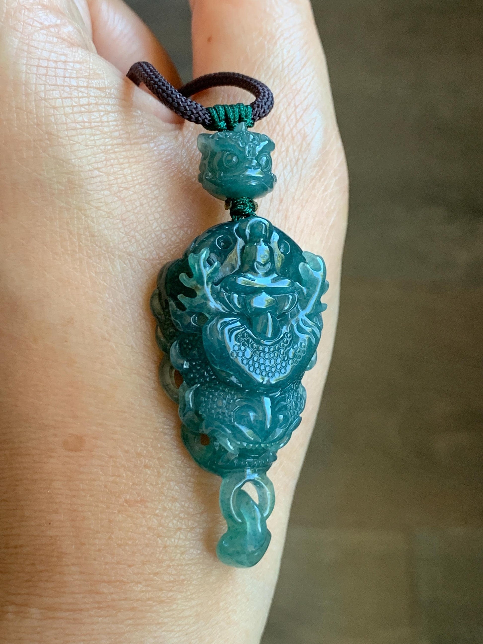 Certified Natural Guatemalan Icy Translucent Dark Teal Blue Jade Jadeite Dragon Wu Dao Pendant Rope Necklace 27" 22g 天然冰危深蓝翡翠精工龙头吾道吊坠 9467