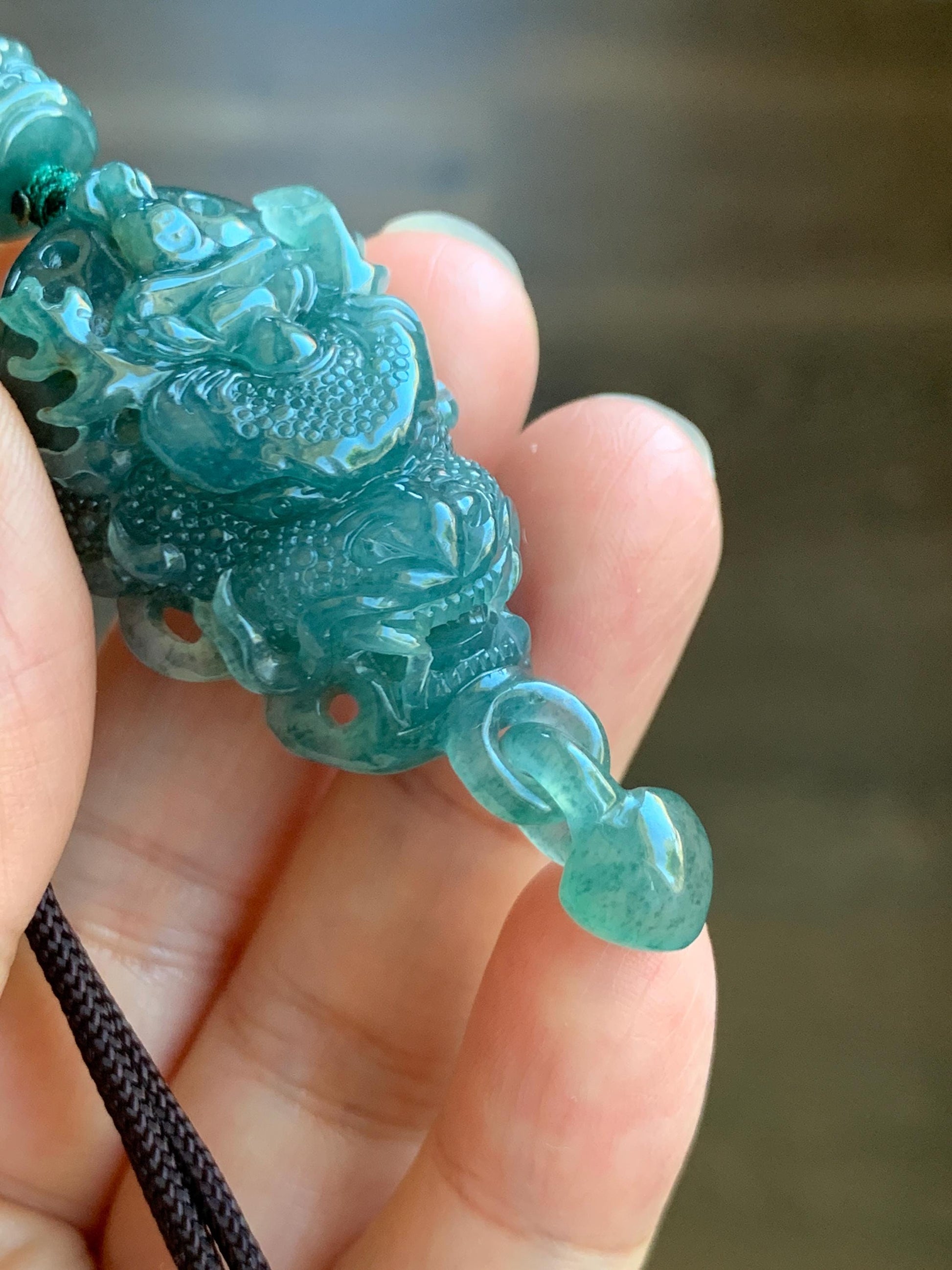 Certified Natural Guatemalan Icy Translucent Dark Teal Blue Jade Jadeite Dragon Wu Dao Pendant Rope Necklace 27" 22g 天然冰危深蓝翡翠精工龙头吾道吊坠 9467