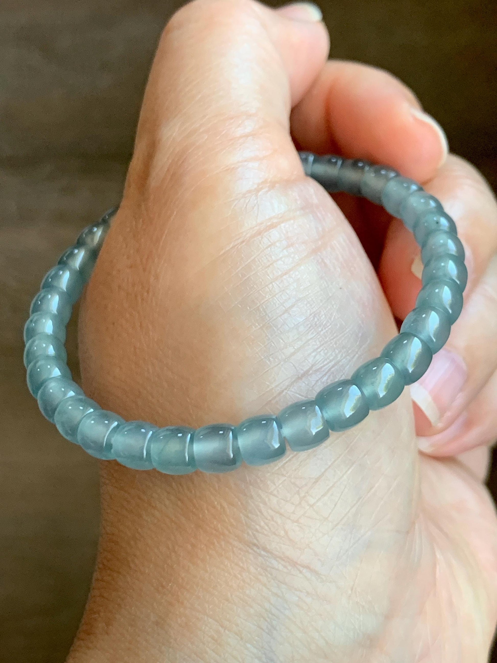 Natural Grade A Guatemalan Icy Highly Translucent Gelatinous Light Blue Jade Jadeite Barrel Beads Beaded Bracelet 7” 天然冰胶危浅蓝翡翠桶珠手串 BWT330C