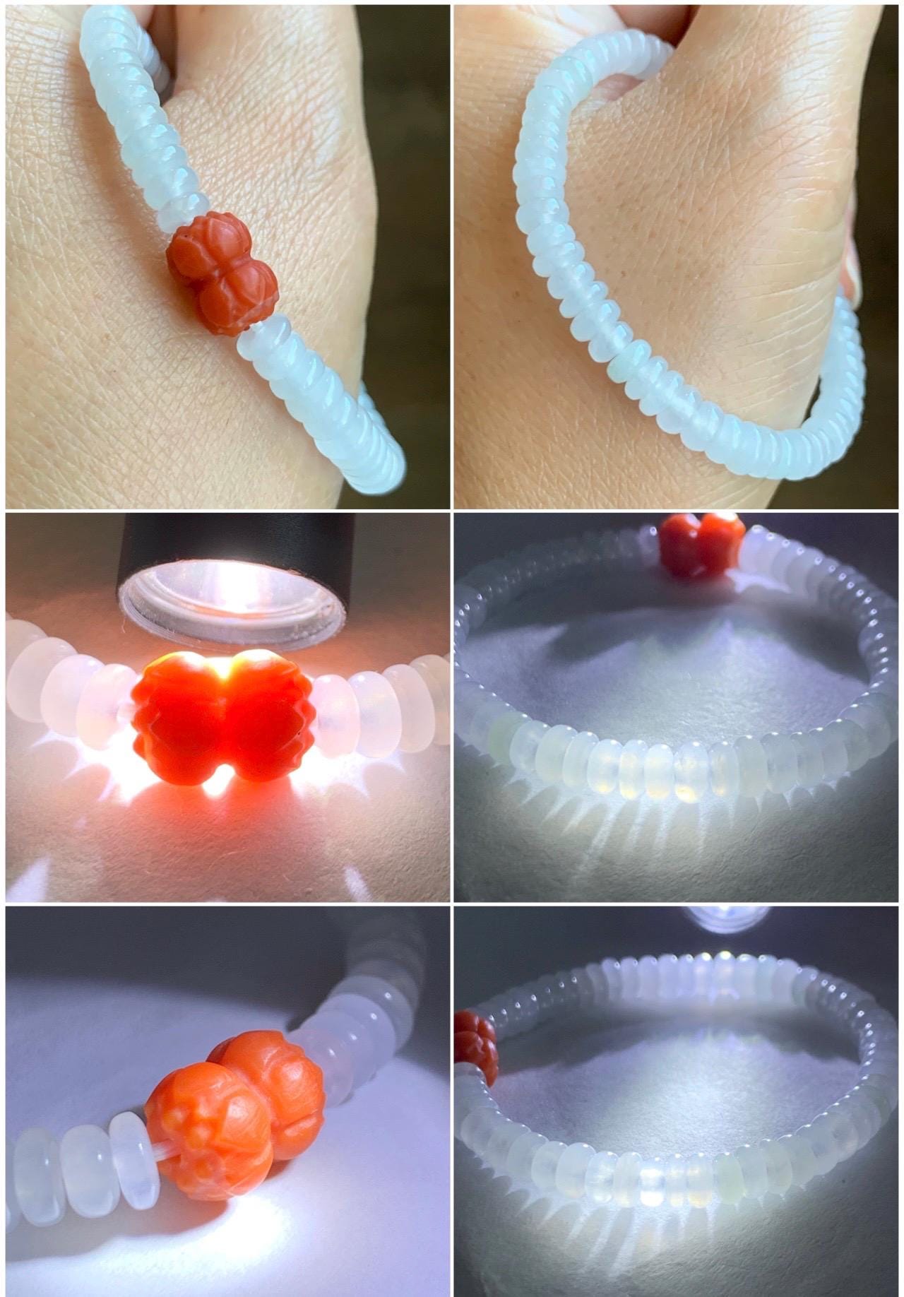 Natural Grade A Icy Highly Translucent White Jade Jadeite Drum Beads Red Agate Lotus Bead Beaded Bracelet 5.75” 10g 天然冰胶多宝翡翠大卡鼓珠手串 BGZ254