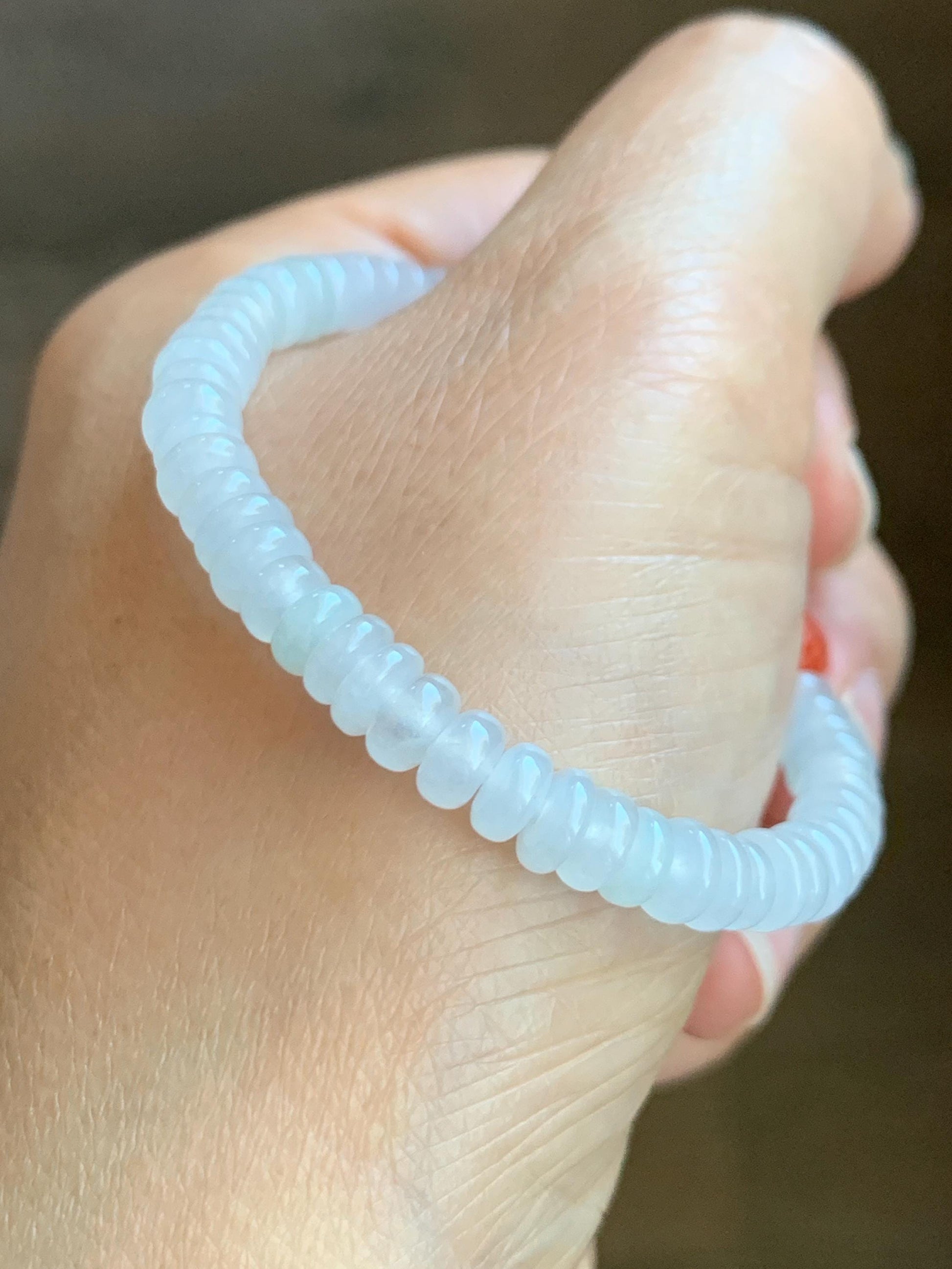 Natural Grade A Icy Highly Translucent White Jade Jadeite Drum Beads Red Agate Lotus Bead Beaded Bracelet 5.75” 10g 天然冰胶多宝翡翠大卡鼓珠手串 BGZ254