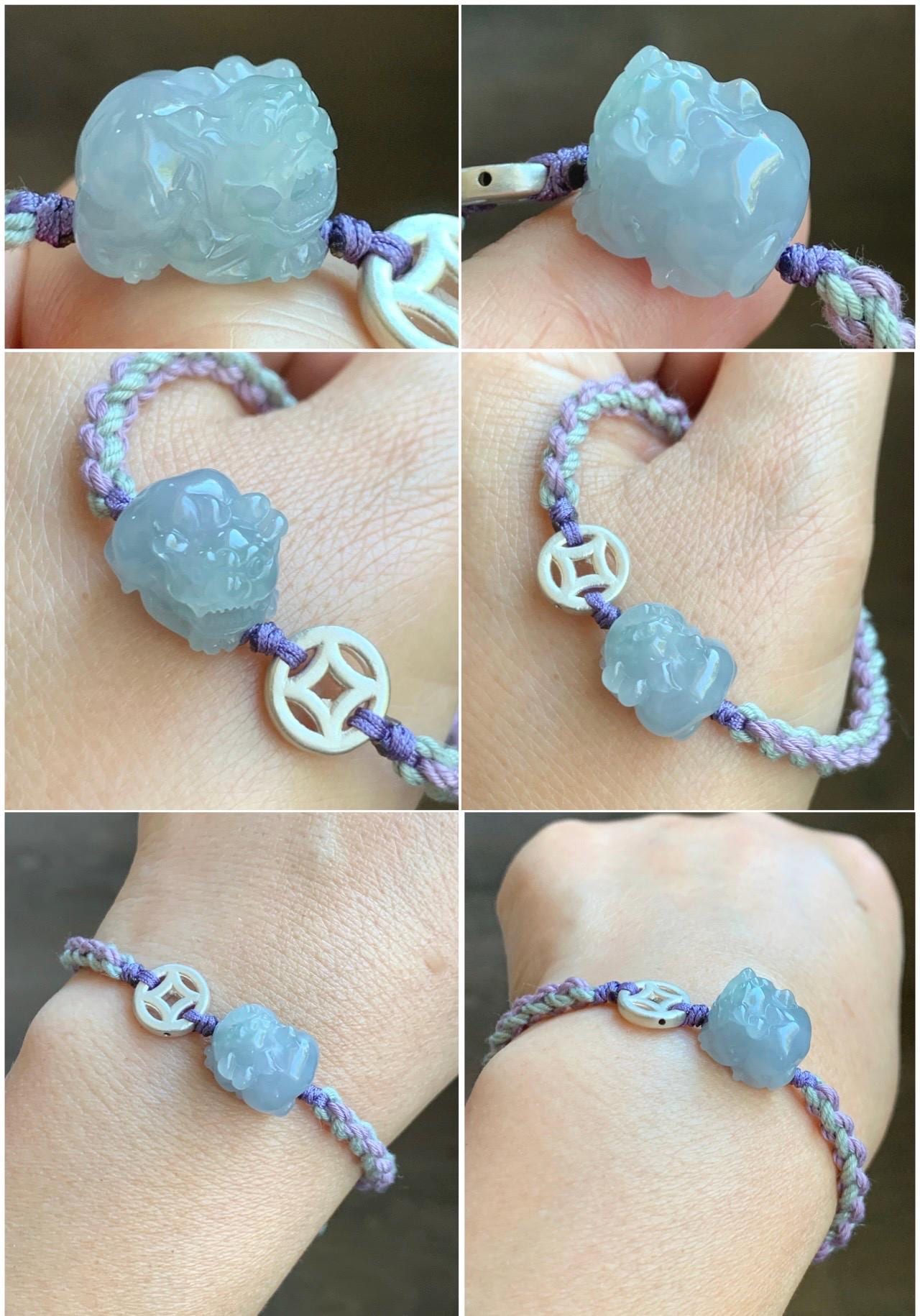 Natural Grade A Icy Translucent Gelatinous Pastel Purplish Blue Jade Jadeite Pixiu Rope Bracelet Sterling Silver 6g 天然冰胶淡紫翡翠貔貅含珠手绳 MZP275
