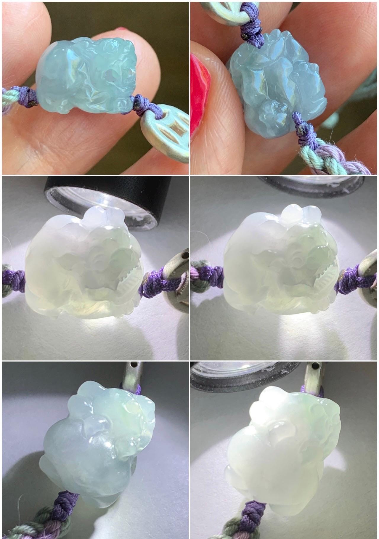 Natural Grade A Icy Translucent Gelatinous Pastel Purplish Blue Jade Jadeite Pixiu Rope Bracelet Sterling Silver 6g 天然冰胶淡紫翡翠貔貅含珠手绳 MZP275