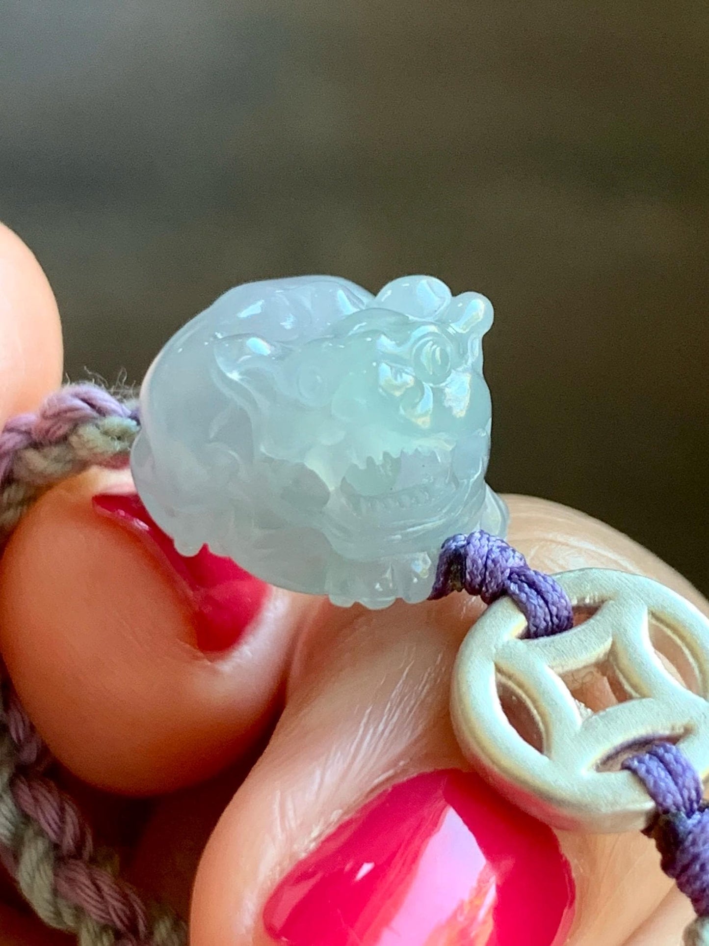 Natural Grade A Icy Translucent Gelatinous Pastel Purplish Blue Jade Jadeite Pixiu Rope Bracelet Sterling Silver 6g 天然冰胶淡紫翡翠貔貅含珠手绳 MZP275