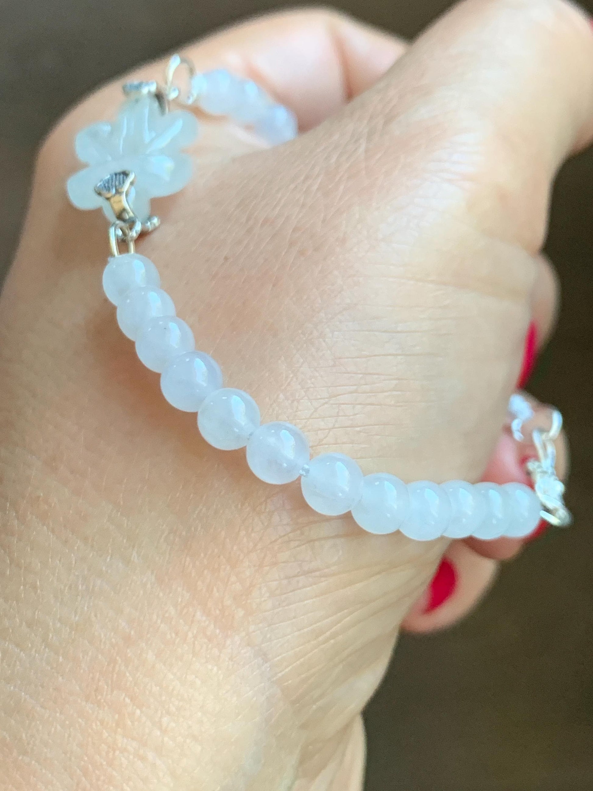 Natural Grade A Icy Translucent Gelatinous White Jade Jadeite Carved Chinese Knot Beaded Bracelet Sterling Silver 7” 天然冰胶白翡翠中国结圆珠手串 ZGJ215A