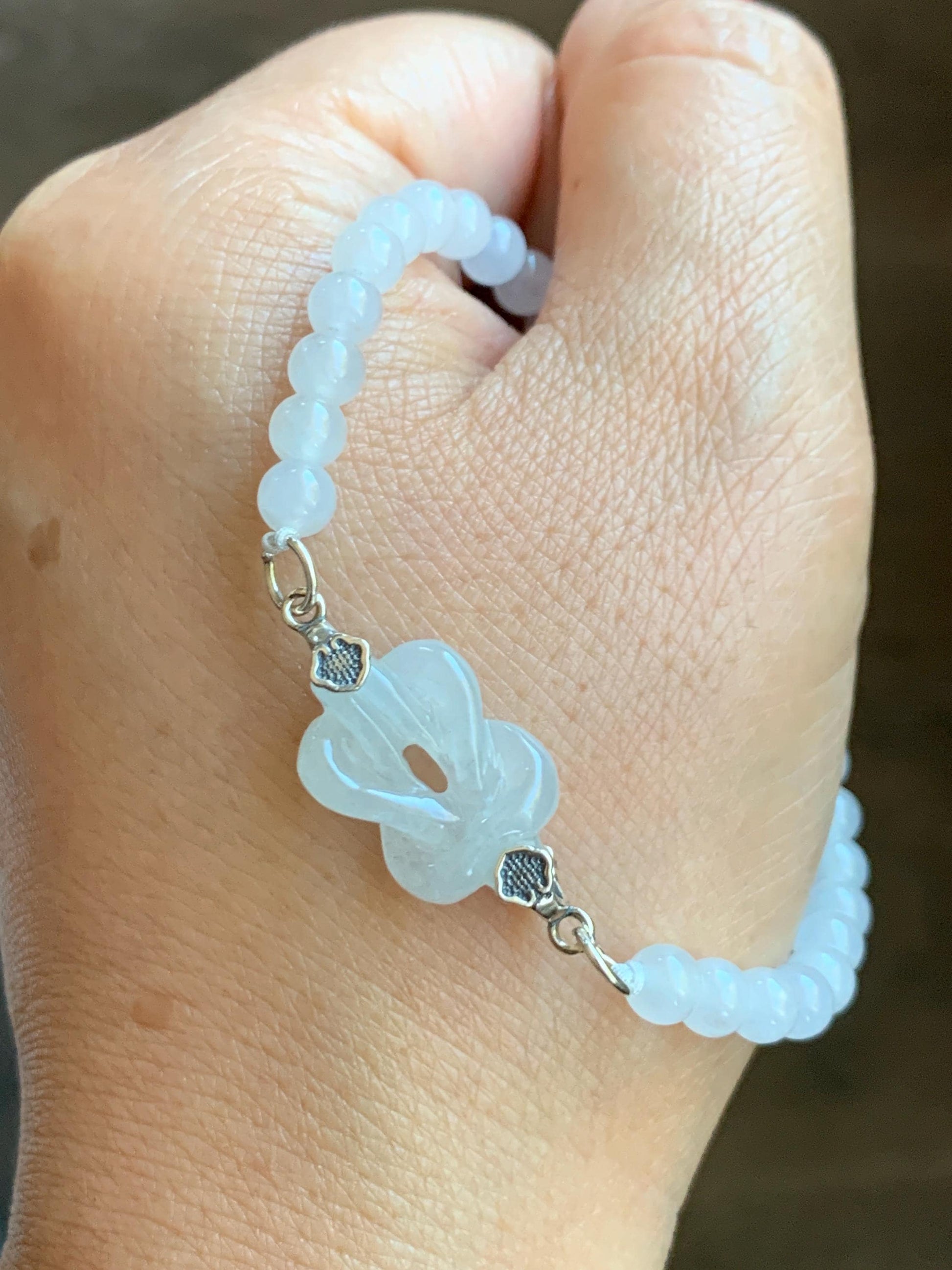 Natural Grade A Icy Translucent Gelatinous White Jade Jadeite Carved Chinese Knot Beaded Bracelet Sterling Silver 7” 天然冰胶白翡翠中国结圆珠手串 ZGJ215A