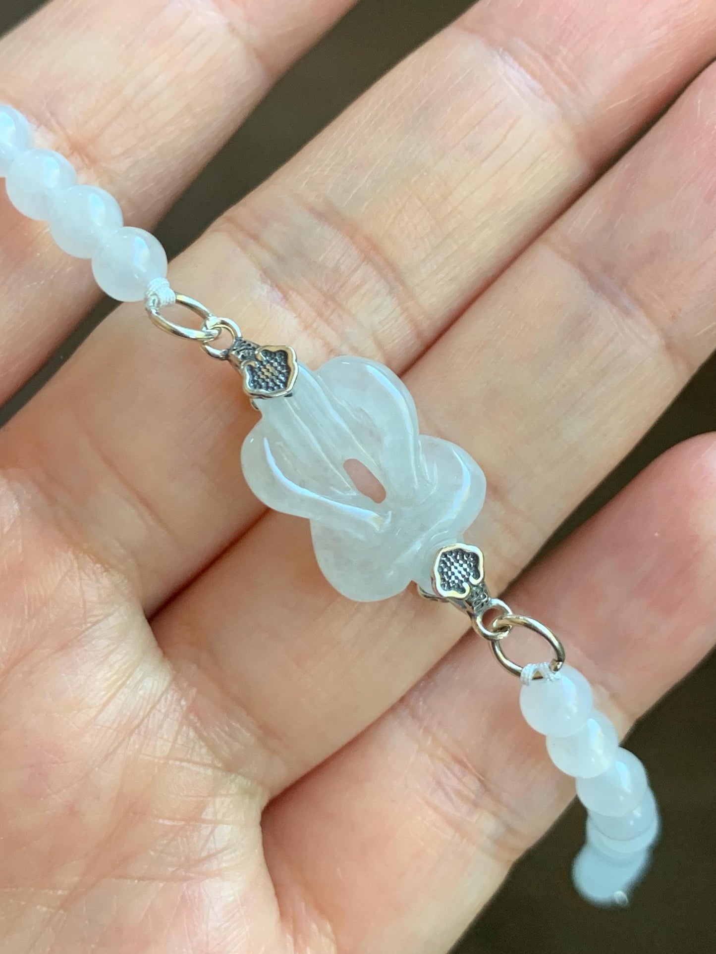 Natural Grade A Icy Translucent Gelatinous White Jade Jadeite Carved Chinese Knot Beaded Bracelet Sterling Silver 7” 天然冰胶白翡翠中国结圆珠手串 ZGJ215A