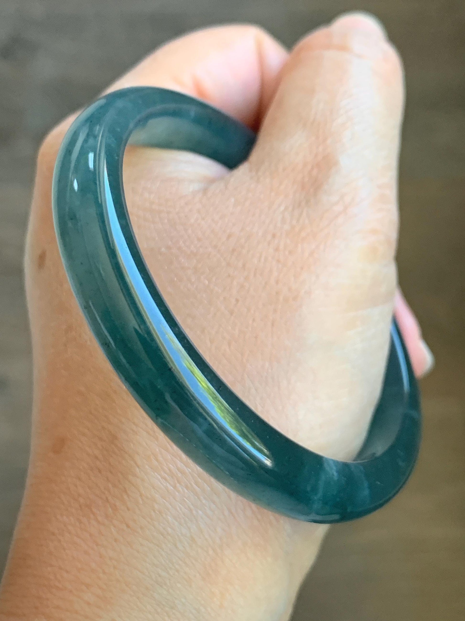 Certified Natural Grade A Guatemalan Icy Translucent Gelatinous Dark Teal Blue Jade Jadeite Bangle 58.63mm 7.25" 天然老种冰胶危蓝绿翡翠正圈手镯 8764