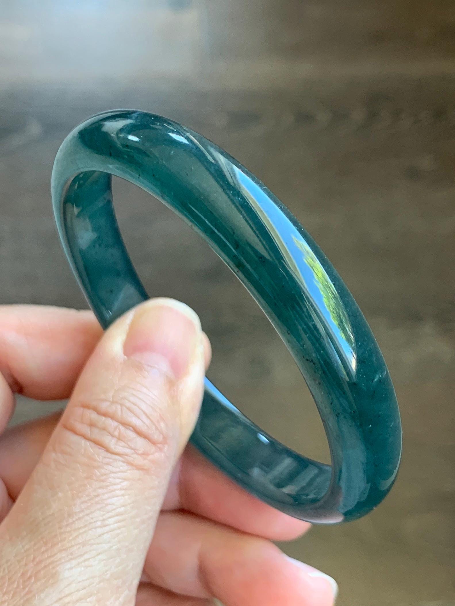 Certified Natural Grade A Guatemalan Icy Translucent Gelatinous Dark Teal Blue Jade Jadeite Bangle 58.57mm 7.24" 天然老种冰胶危蓝绿翡翠正圈手镯 8765