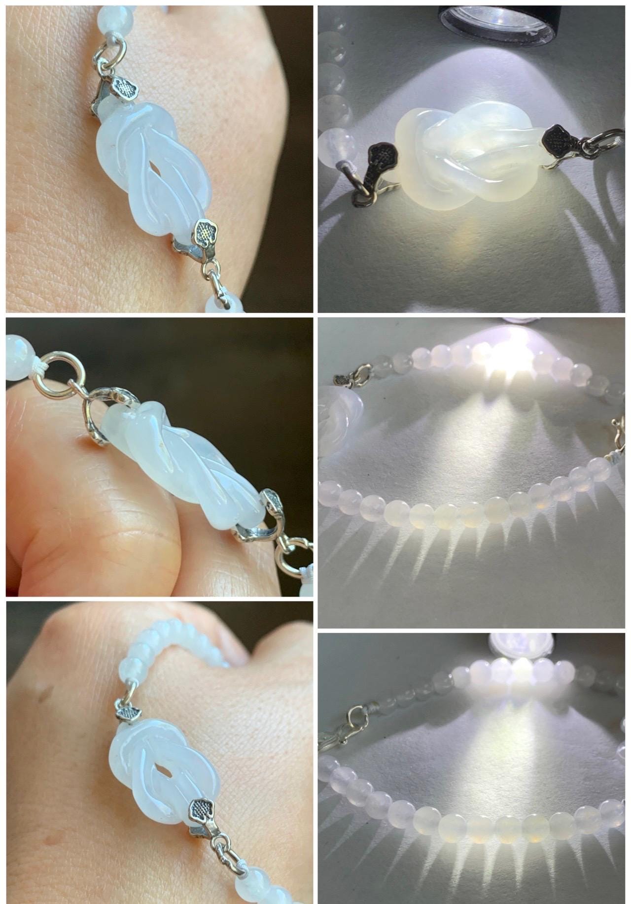 Natural Grade A Icy Translucent Gelatinous White Jade Jadeite Carved Chinese Knot Beaded Bracelet Sterling Silver 7.25" 天然冰胶白翡翠中国结手串 ZGJ215B