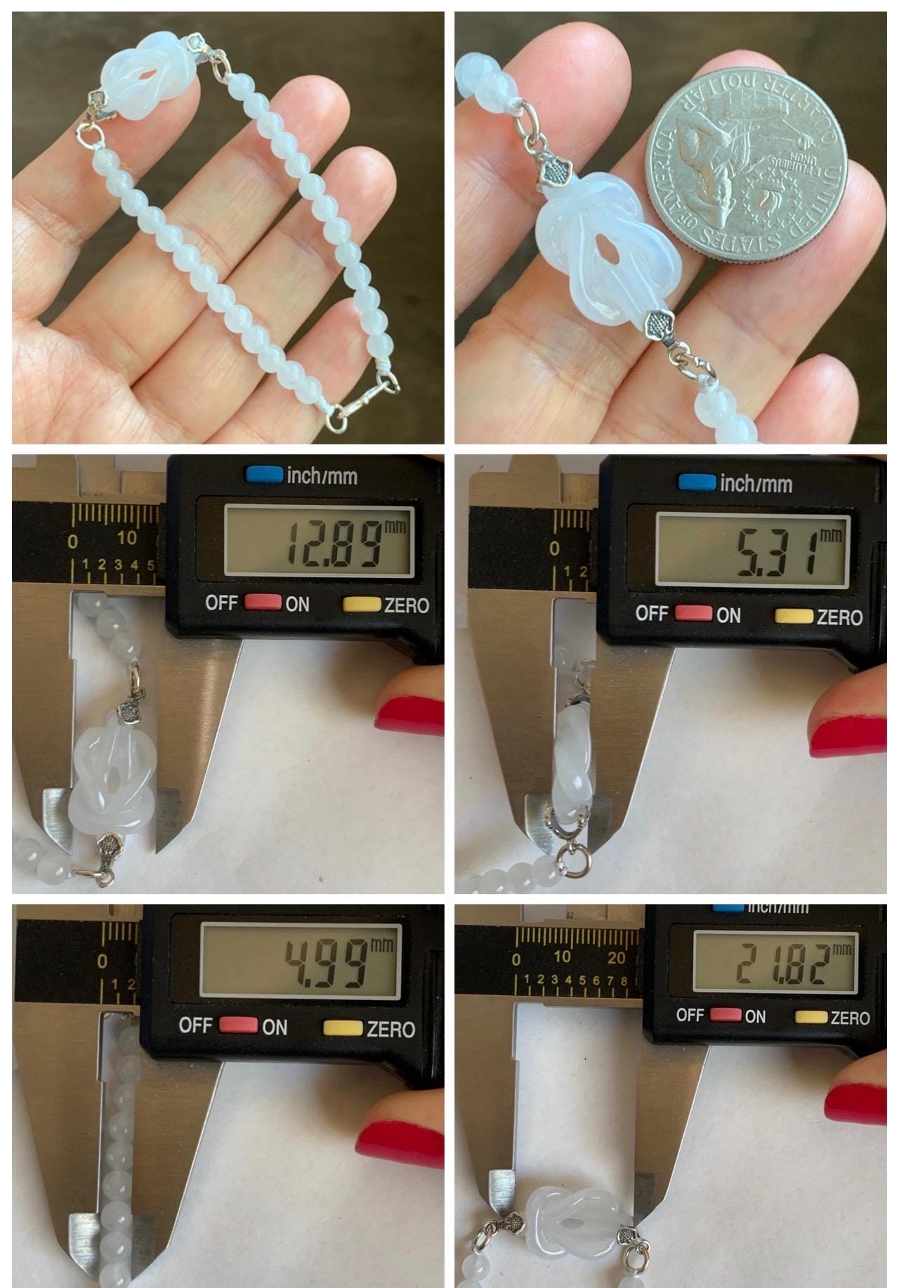 Natural Grade A Icy Translucent Gelatinous White Jade Jadeite Carved Chinese Knot Beaded Bracelet Sterling Silver 7.25" 天然冰胶白翡翠中国结手串 ZGJ215B