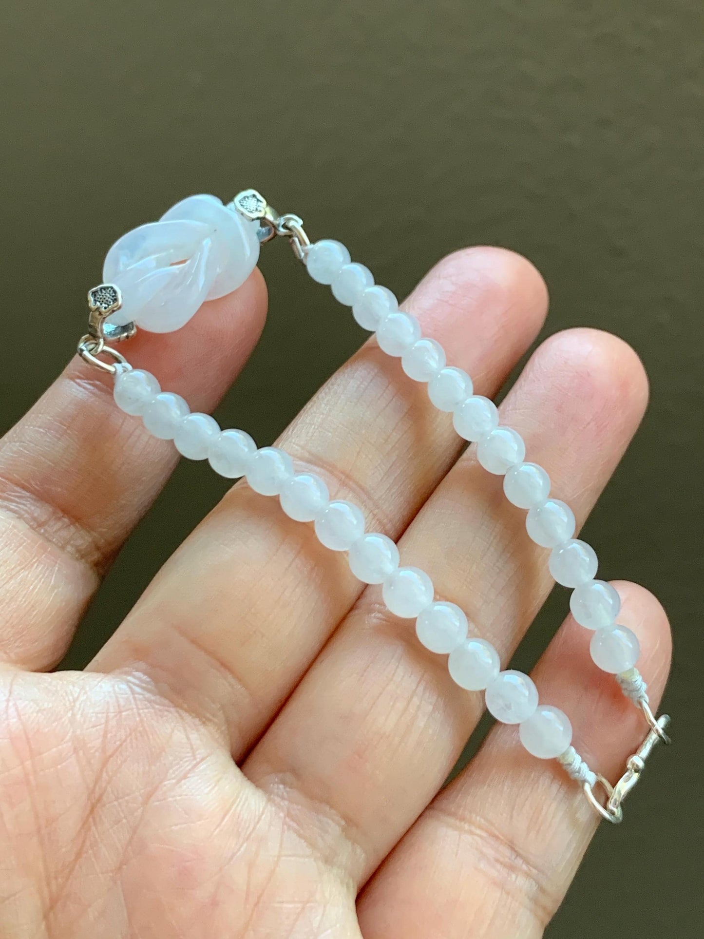 Natural Grade A Icy Translucent Gelatinous White Jade Jadeite Carved Chinese Knot Beaded Bracelet Sterling Silver 7.25" 天然冰胶白翡翠中国结手串 ZGJ215B