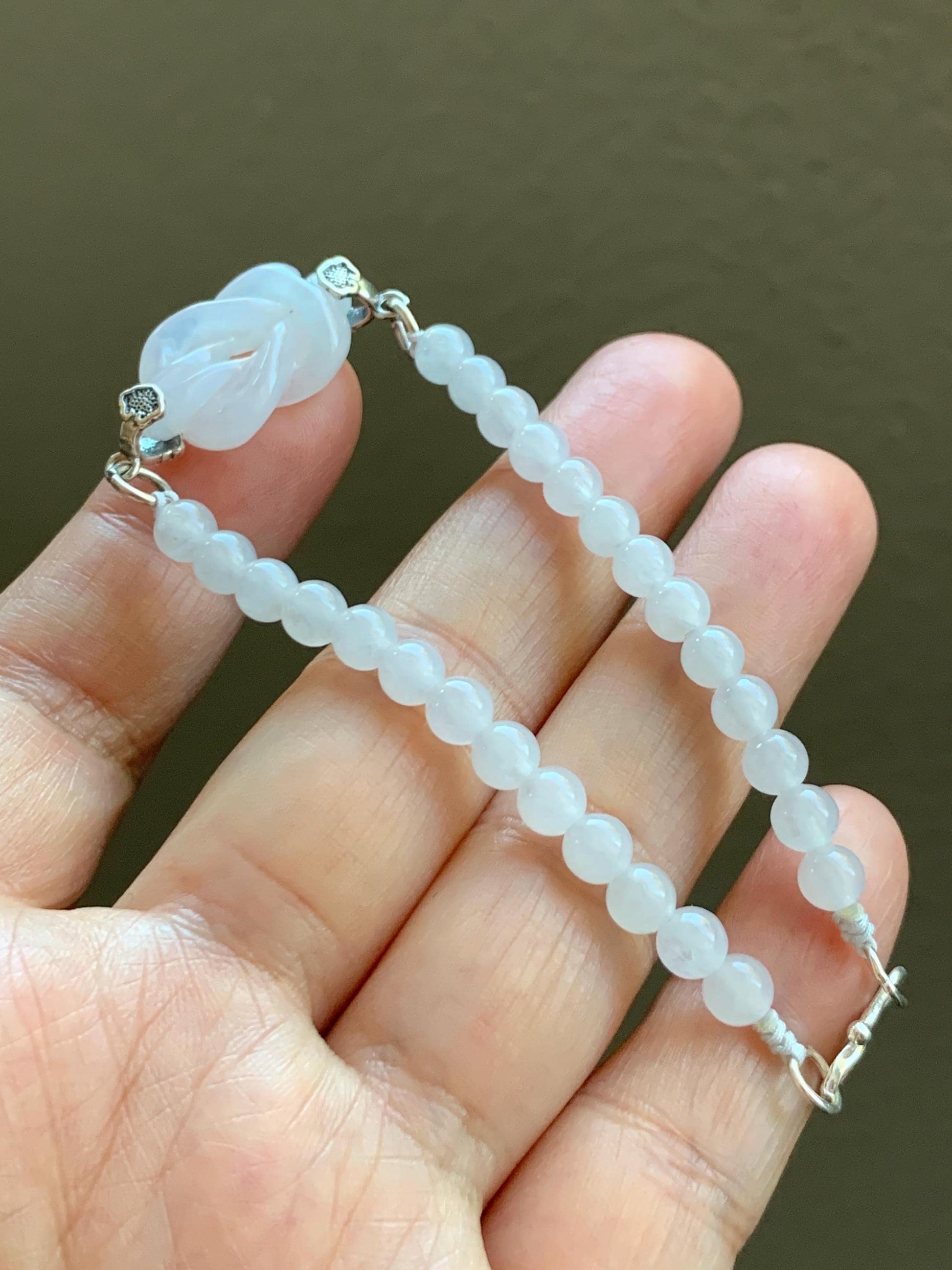 Natural Grade A Icy Translucent Gelatinous White Jade Jadeite Carved Chinese Knot Beaded Bracelet Sterling Silver 7.25" 天然冰胶白翡翠中国结手串 ZGJ215B