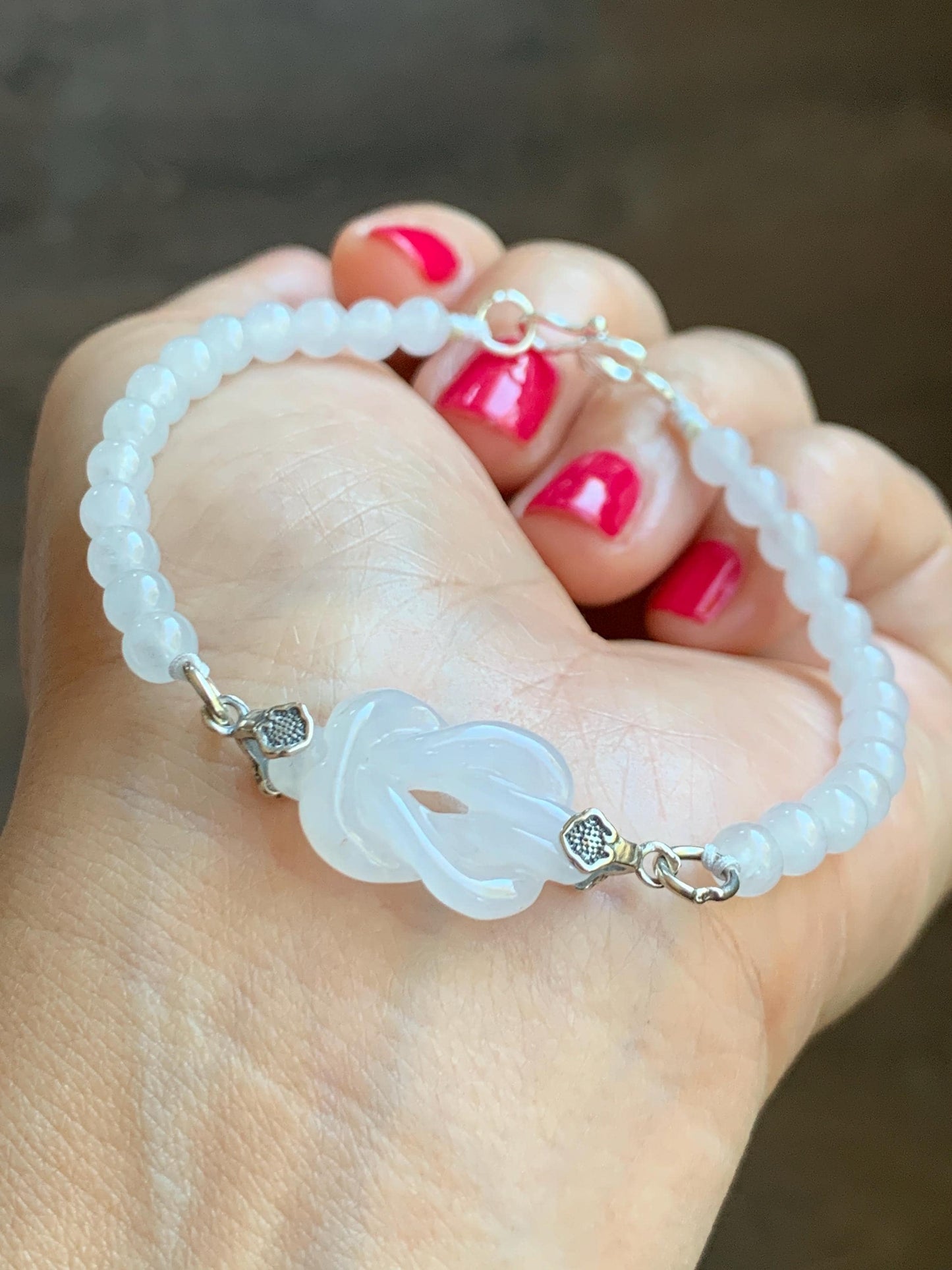 Natural Grade A Icy Translucent Gelatinous White Jade Jadeite Carved Chinese Knot Beaded Bracelet Sterling Silver 7.25" 天然冰胶白翡翠中国结手串 ZGJ215B