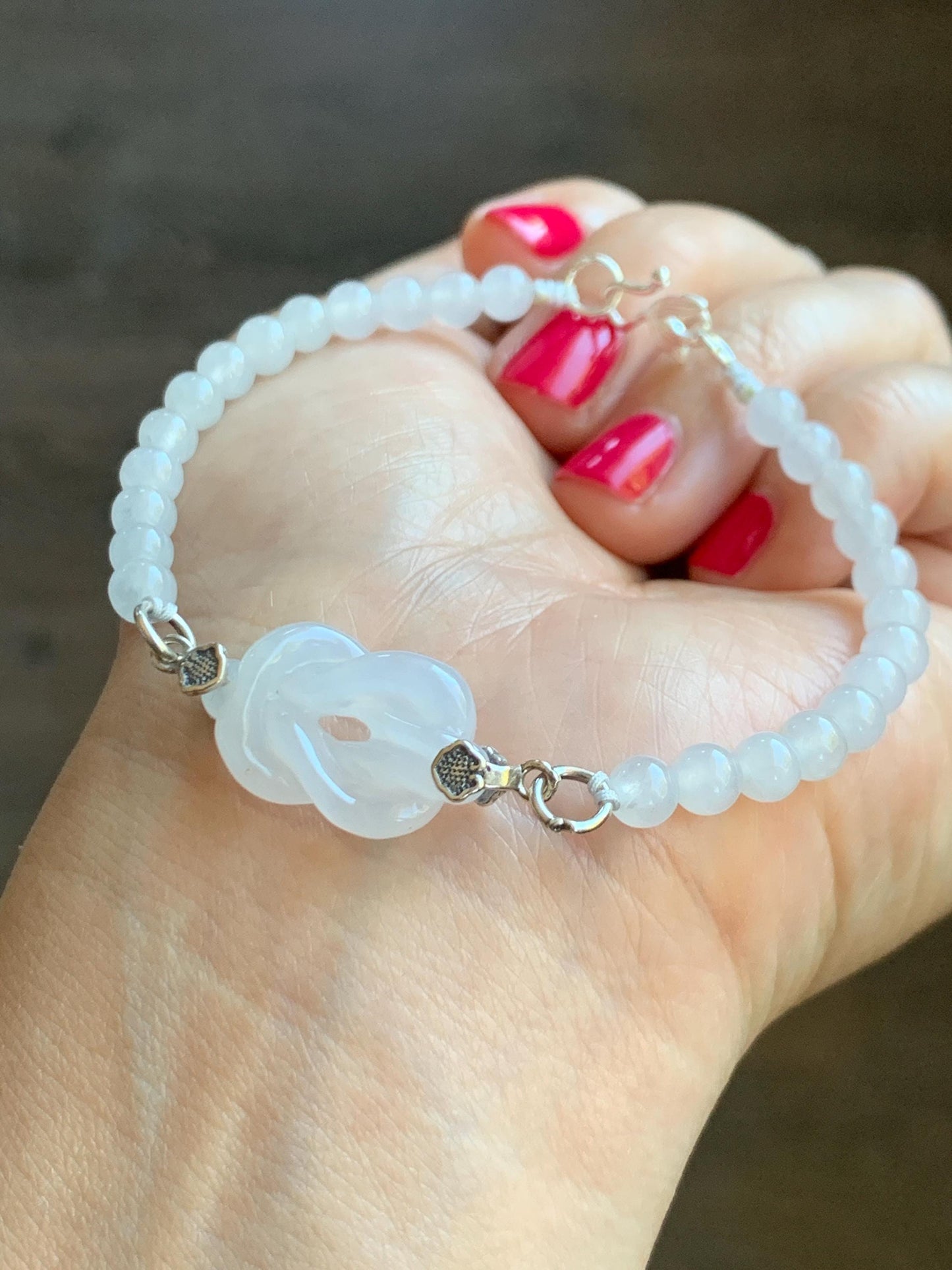 Natural Grade A Icy Translucent Gelatinous White Jade Jadeite Carved Chinese Knot Beaded Bracelet Sterling Silver 7.25" 天然冰胶白翡翠中国结手串 ZGJ215B