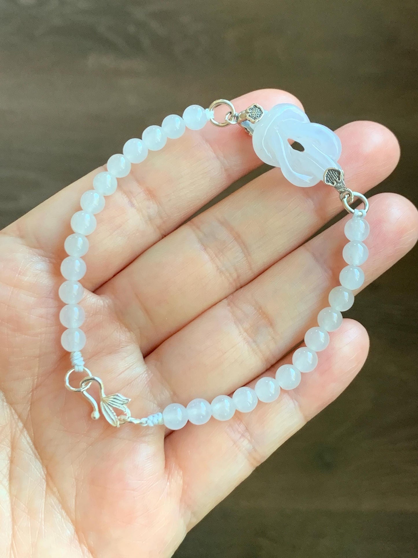 Natural Grade A Icy Translucent Gelatinous White Jade Jadeite Carved Chinese Knot Beaded Bracelet Sterling Silver 7.25" 天然冰胶白翡翠中国结手串 ZGJ215B