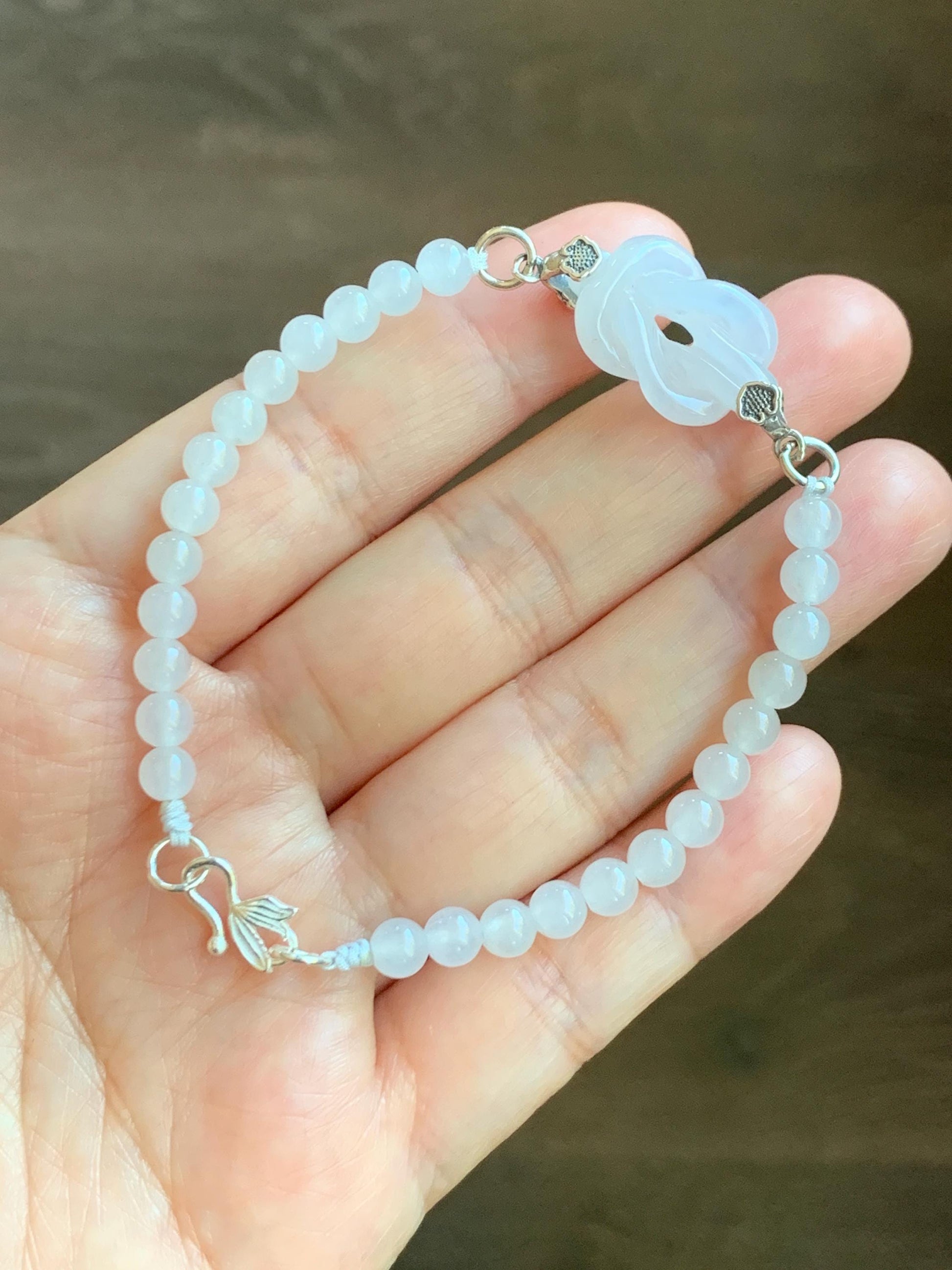 Natural Grade A Icy Translucent Gelatinous White Jade Jadeite Carved Chinese Knot Beaded Bracelet Sterling Silver 7.25" 天然冰胶白翡翠中国结手串 ZGJ215B