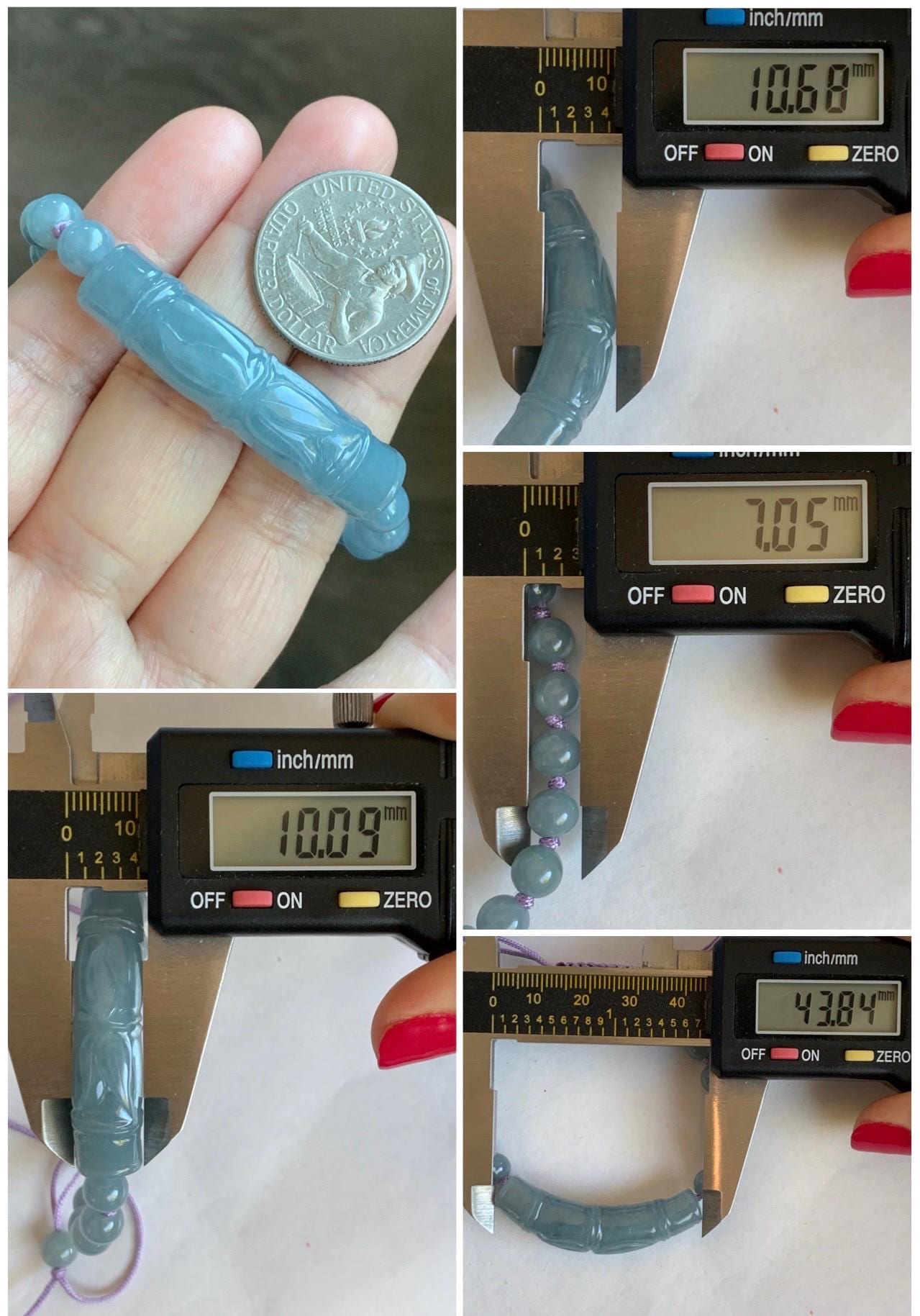 Natural Grade A Guatemalan Icy Translucent Dusty Blue Jade Jadeite Carved Bamboo Stalk Cuff Beaded Bracelet 6.75” 21g 天然冰危蓝翡翠竹节手牌手串 WLZJ77