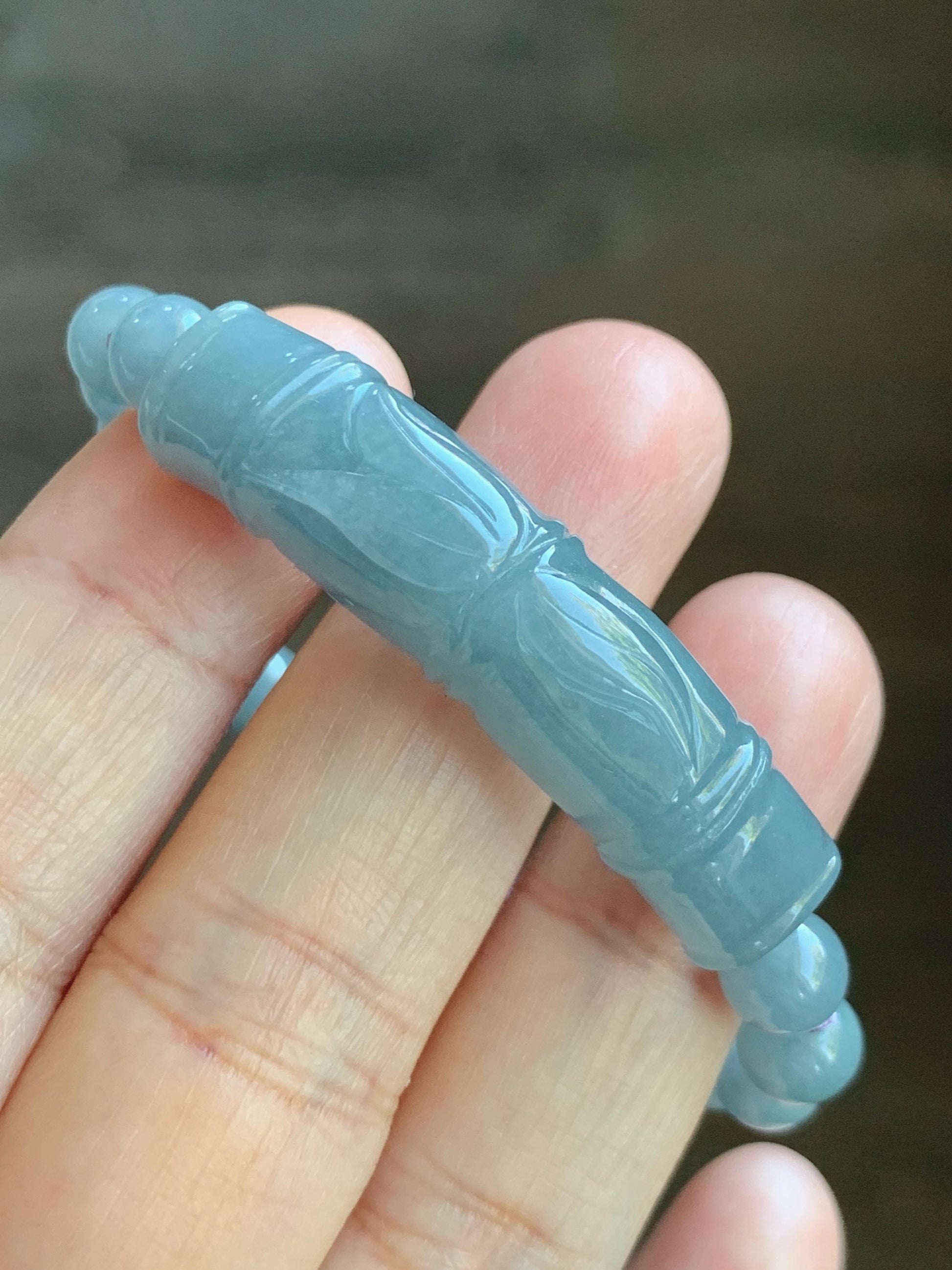 Natural Grade A Guatemalan Icy Translucent Dusty Blue Jade Jadeite Carved Bamboo Stalk Cuff Beaded Bracelet 6.75” 21g 天然冰危蓝翡翠竹节手牌手串 WLZJ77