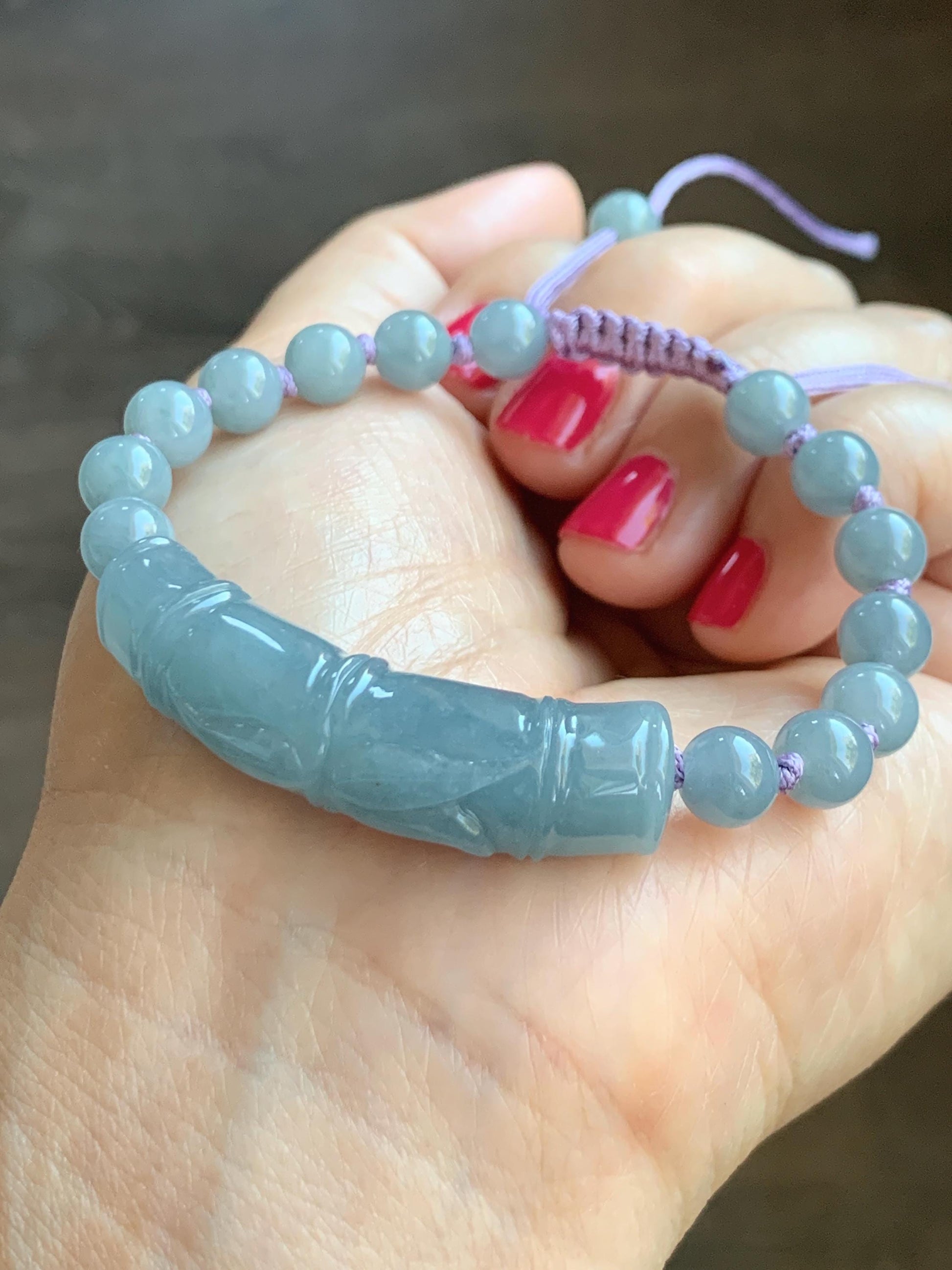 Natural Grade A Guatemalan Icy Translucent Dusty Blue Jade Jadeite Carved Bamboo Stalk Cuff Beaded Bracelet 6.75” 21g 天然冰危蓝翡翠竹节手牌手串 WLZJ77