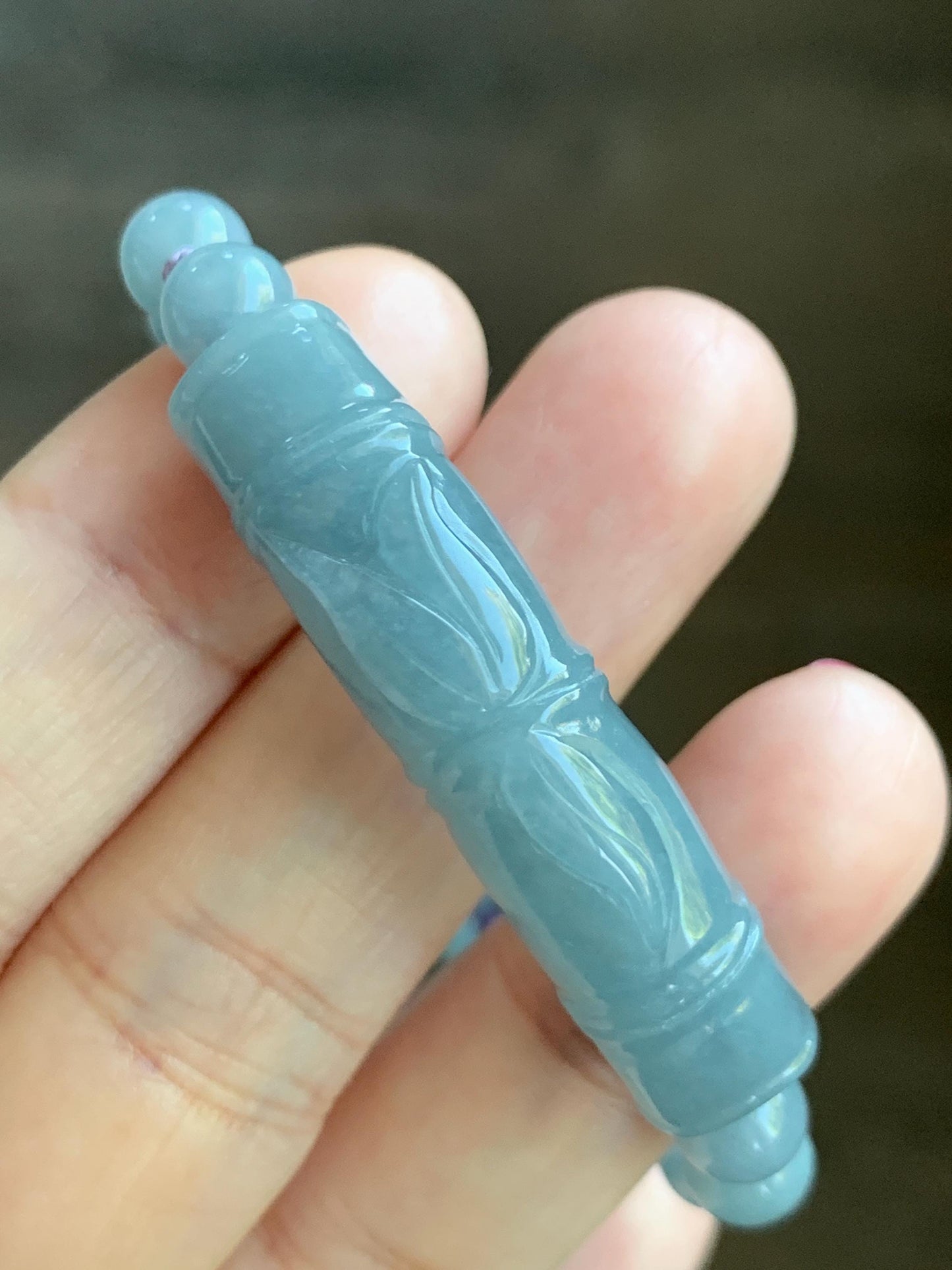 Natural Grade A Guatemalan Icy Translucent Dusty Blue Jade Jadeite Carved Bamboo Stalk Cuff Beaded Bracelet 6.75” 21g 天然冰危蓝翡翠竹节手牌手串 WLZJ77