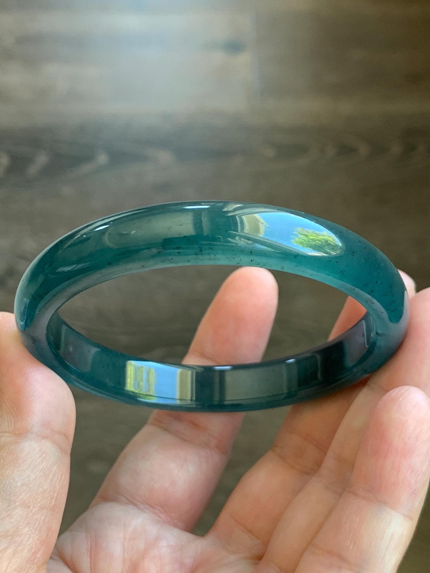Certified Natural Grade A Guatemalan Icy Translucent Gelatinous Dark Teal Blue Jade Jadeite Bangle 57.81mm 7.14" 天然老种冰胶危蓝绿翡翠正圈手镯 8766