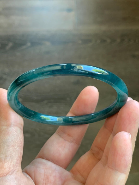 Certified Natural Grade A Guatemalan Icy Translucent Dark Teal Blue Jade Jadeite Slim Bangle 57.58mm 7.11” 天然冰胶危深蓝翡翠细圆条手镯 8774