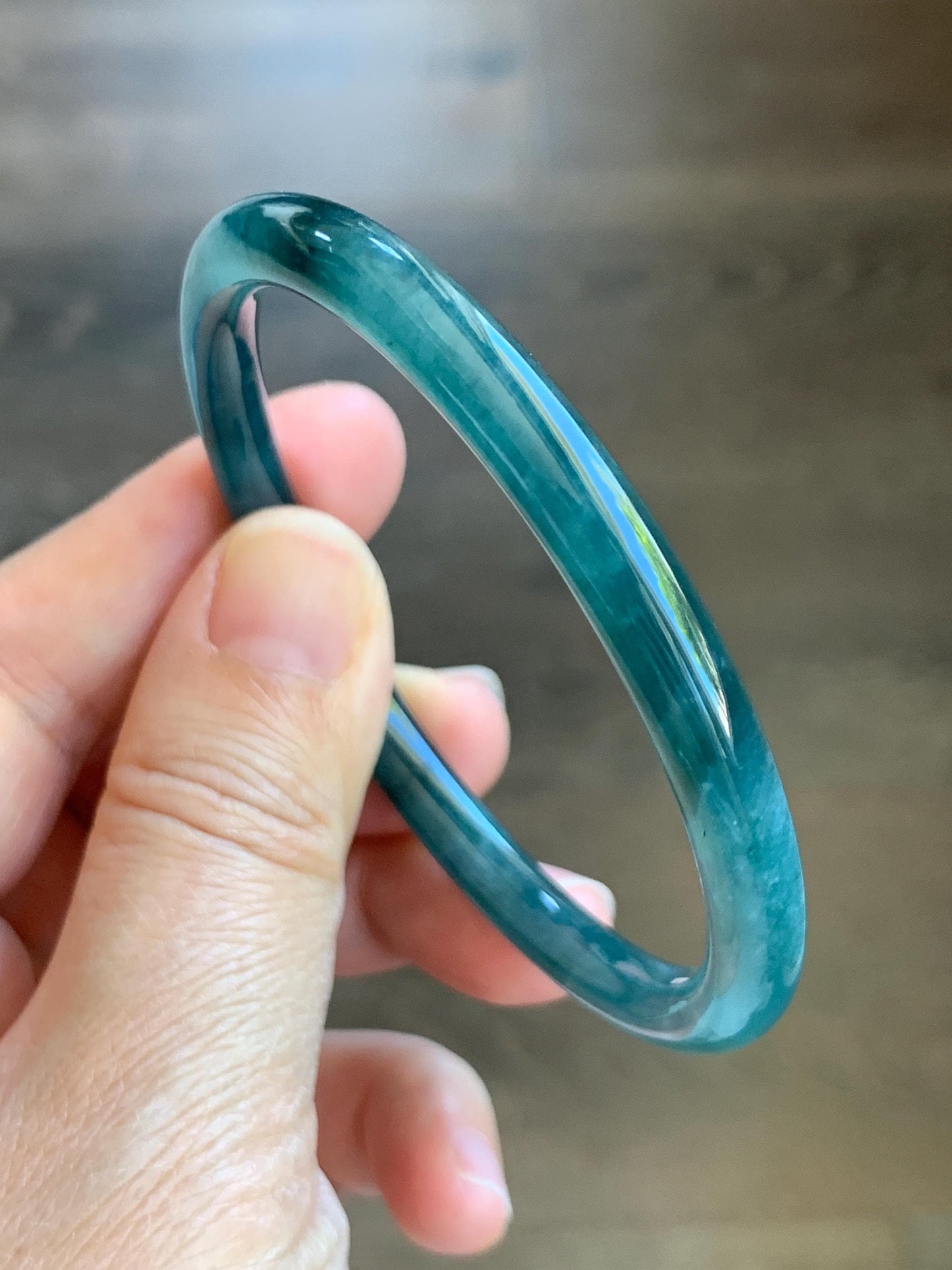 Certified Natural Grade A Guatemalan Icy Translucent Dark Teal Blue Jade Jadeite Slim Bangle 57.58mm 7.11” 天然冰胶危深蓝翡翠细圆条手镯 8774