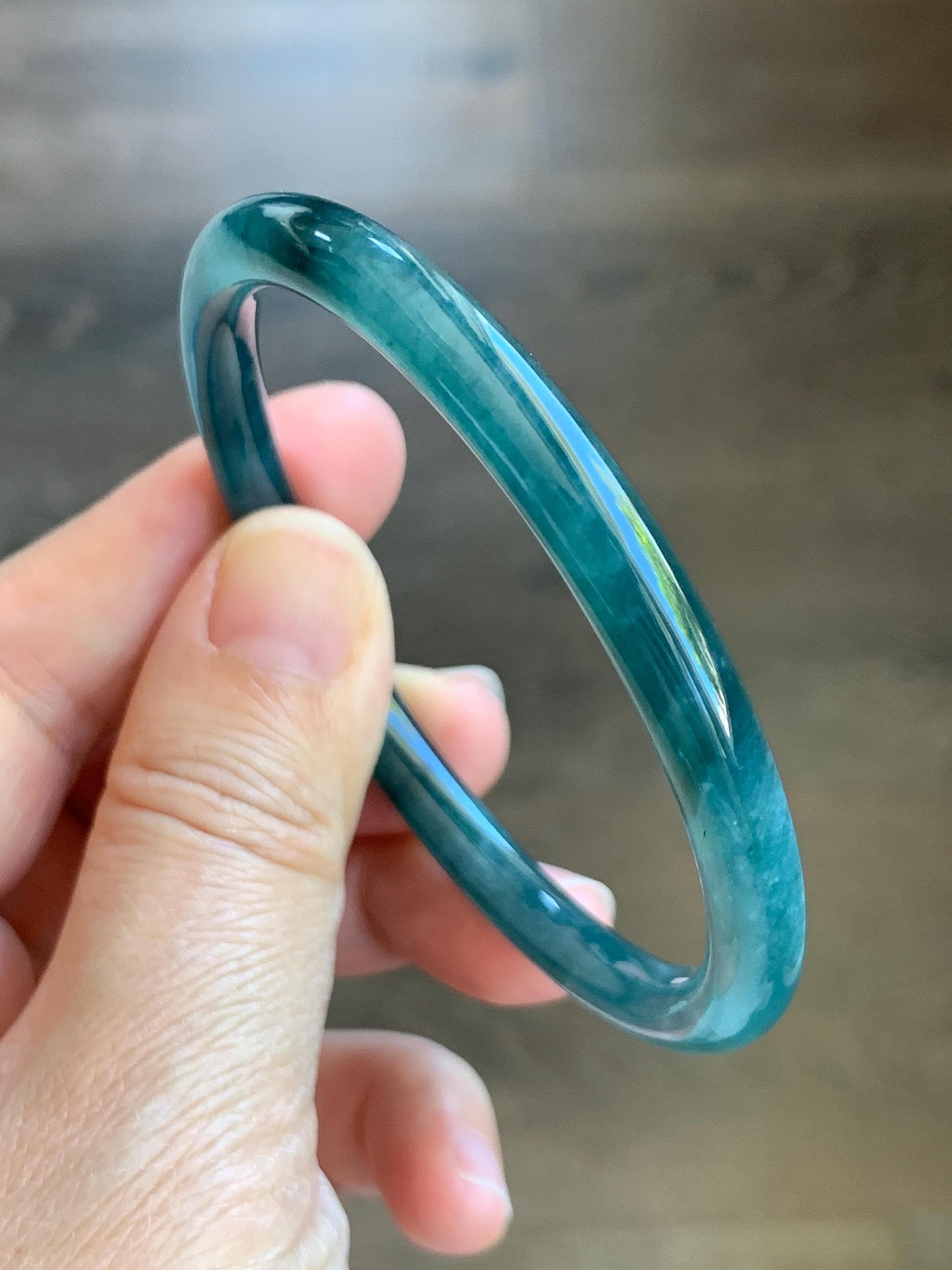 Certified Natural Grade A Guatemalan Icy Translucent Dark Teal Blue Jade Jadeite Slim Bangle 57.58mm 7.11” 天然冰胶危深蓝翡翠细圆条手镯 8774